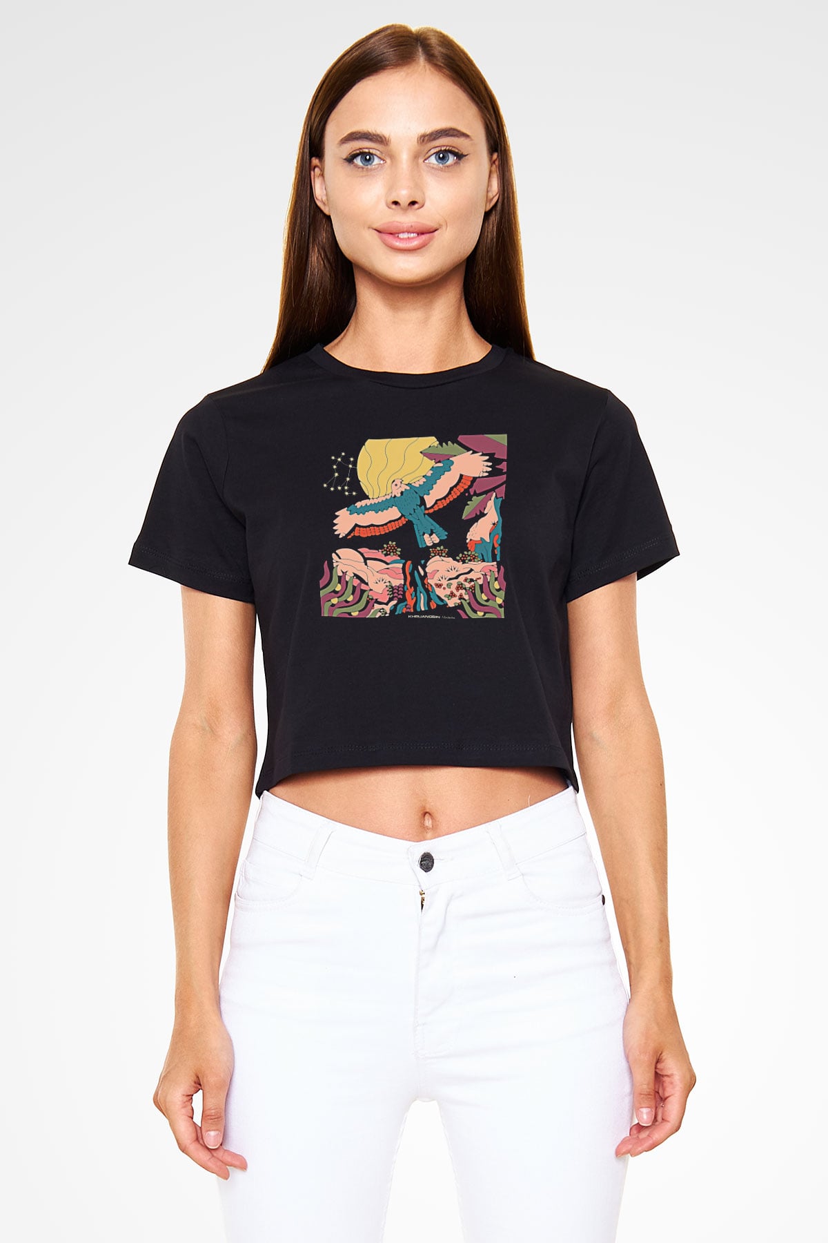 Khruanybin Baskılı Siyah Crop Top Kadın Tişört - Tshirt