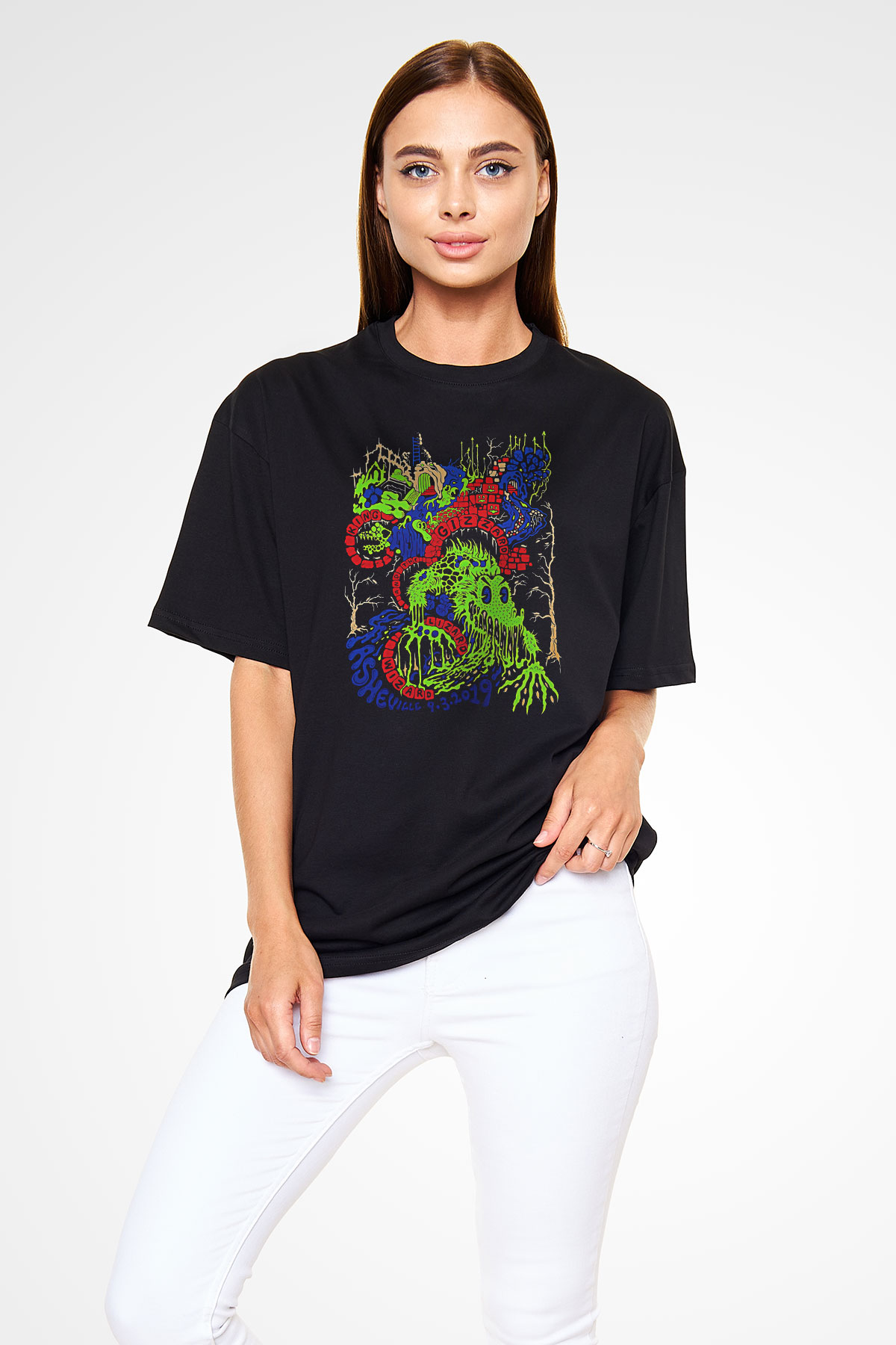 Khruanybin Baskılı Unisex Siyah Oversize Tişört - Tshirt