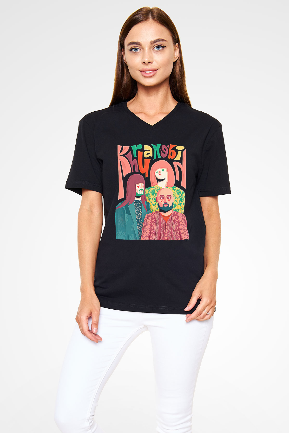 Khruanybin Baskılı Unisex Siyah V Yaka Tişört - Tshirt