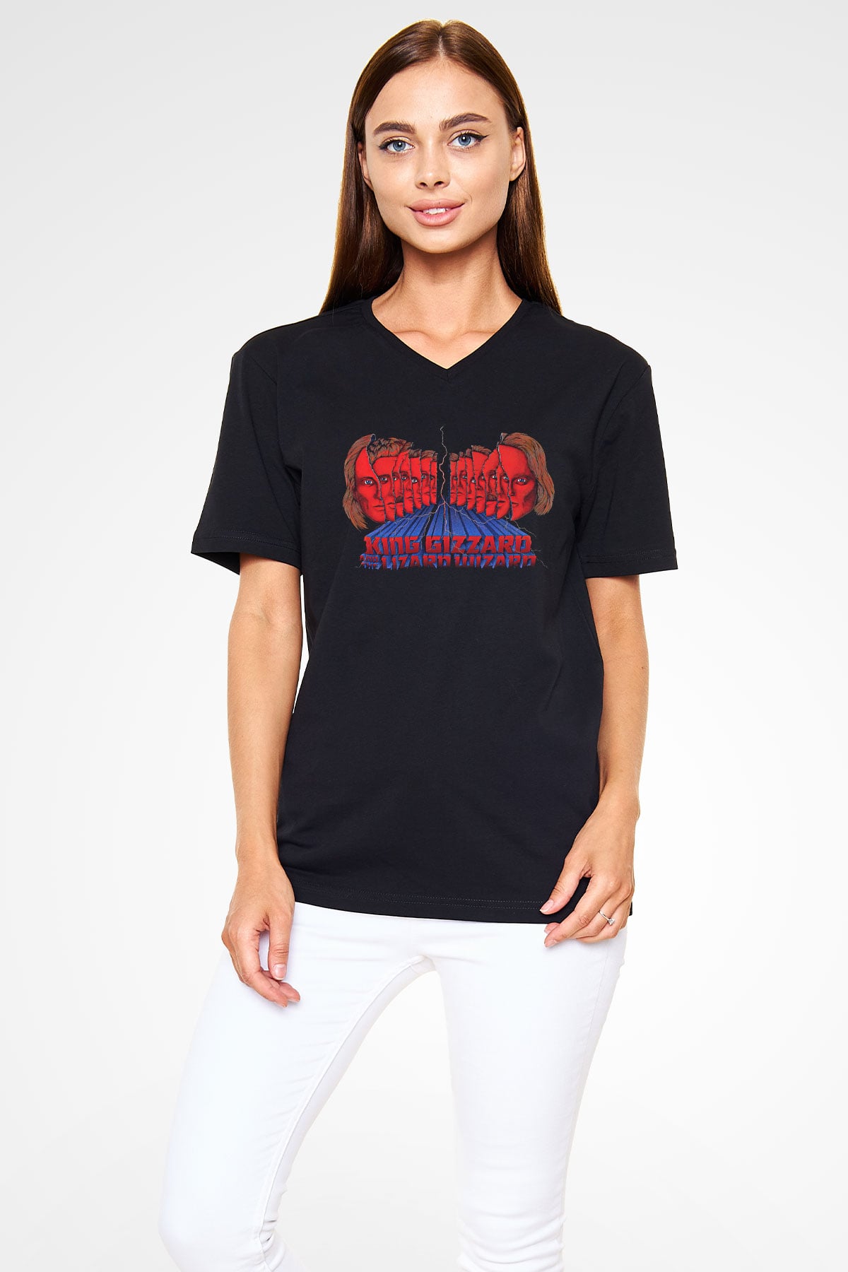 Khruanybin Baskılı Unisex Siyah V Yaka Tişört - Tshirt
