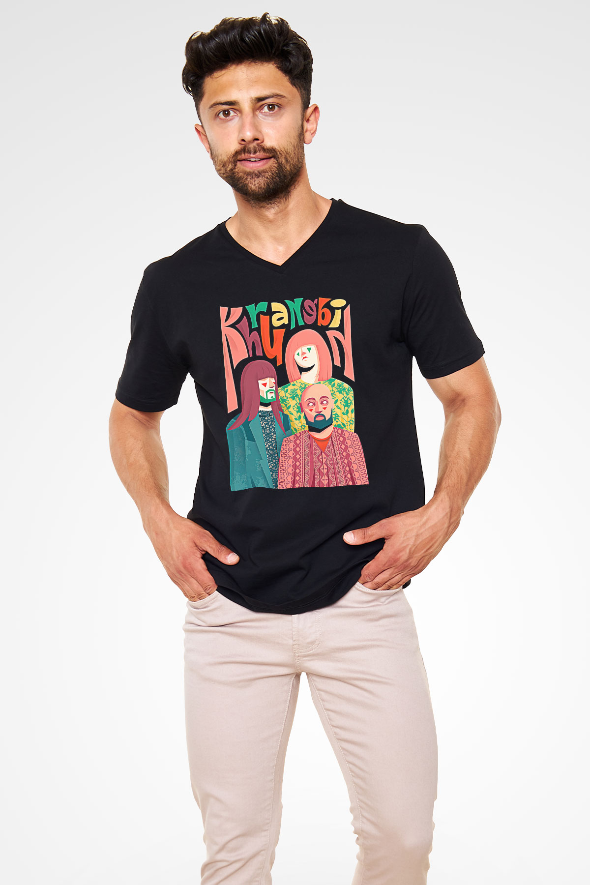 Khruanybin Baskılı Unisex Siyah V Yaka Tişört - Tshirt
