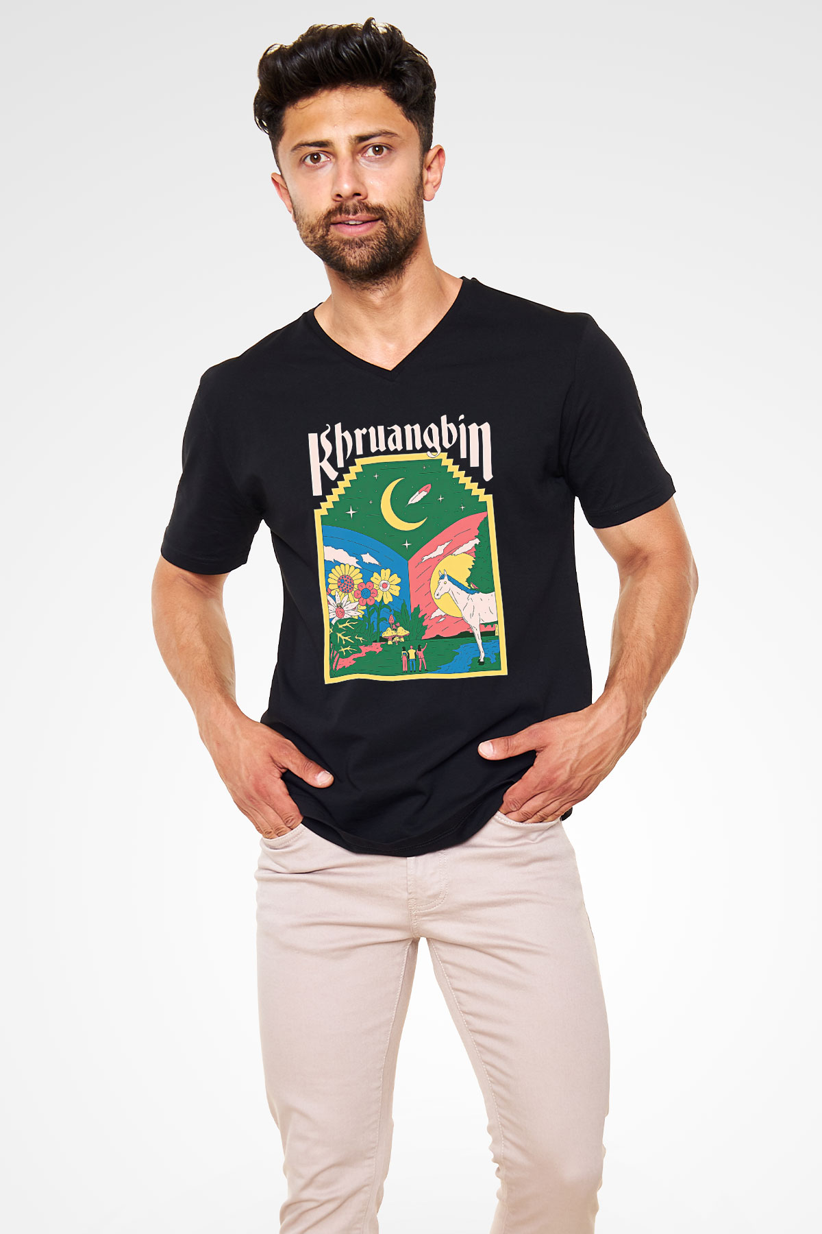 Khruanybin Baskılı Unisex Siyah V Yaka Tişört - Tshirt
