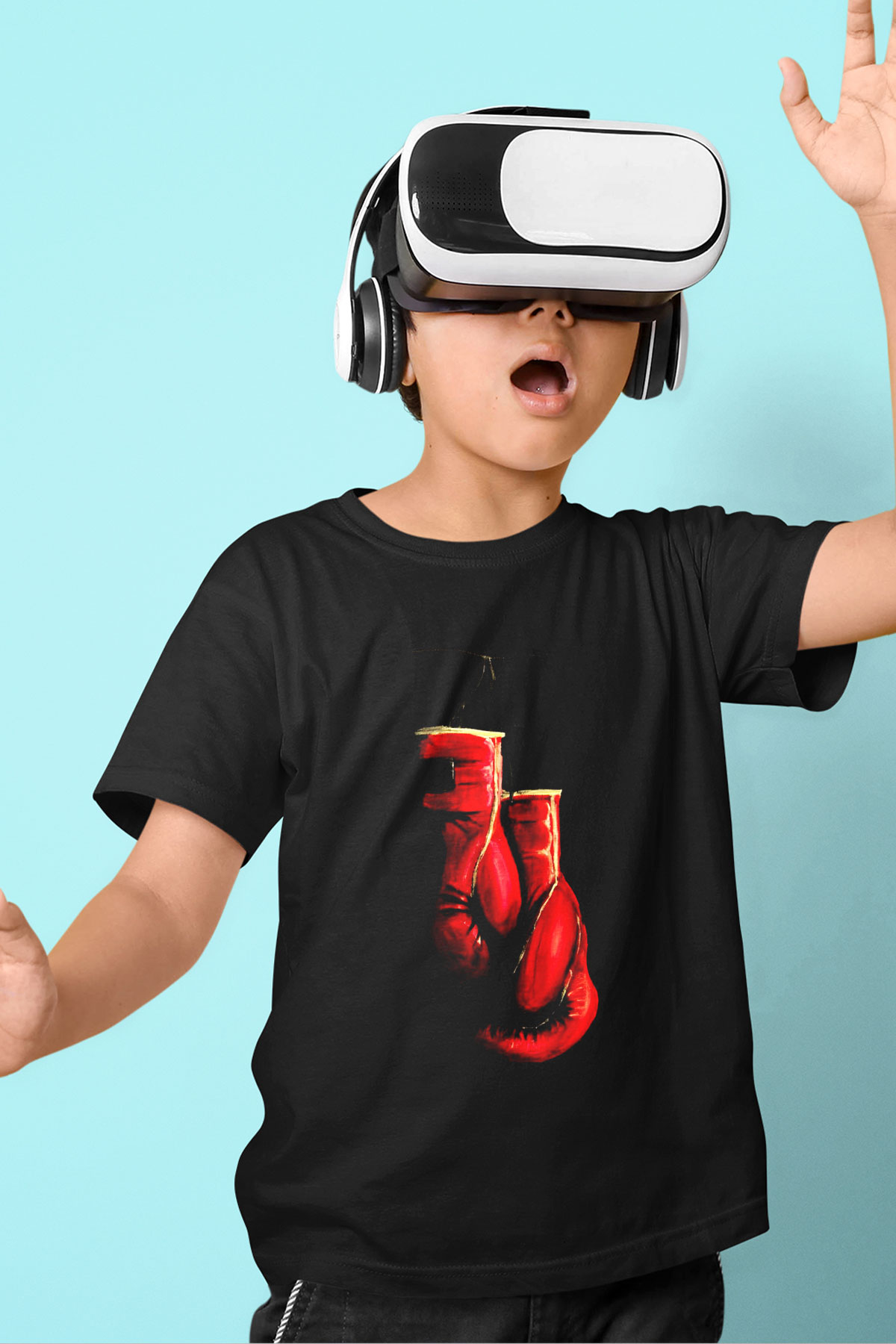 Kick boks Baskılı Siyah Unisex Çocuk Tişört