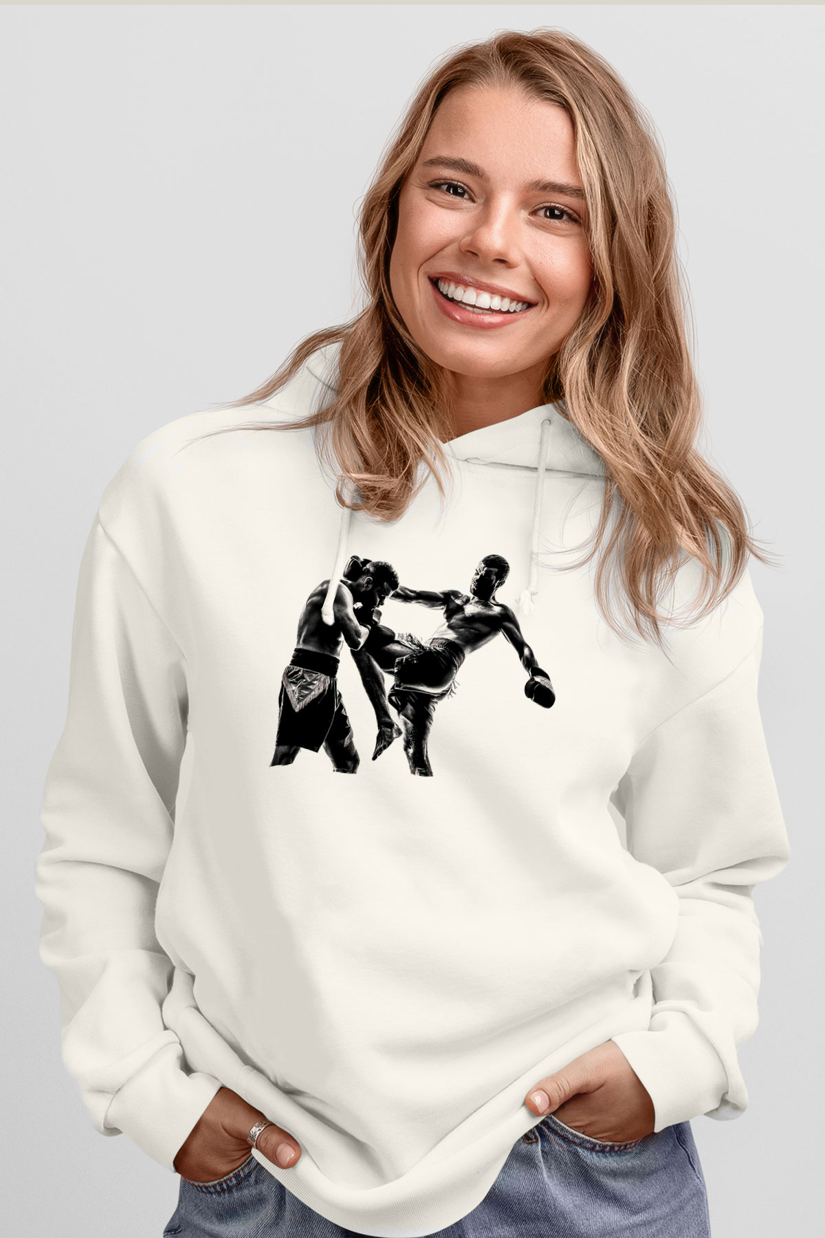 Kick boks Beyaz Unisex Kapüşonlu Sweatshirt