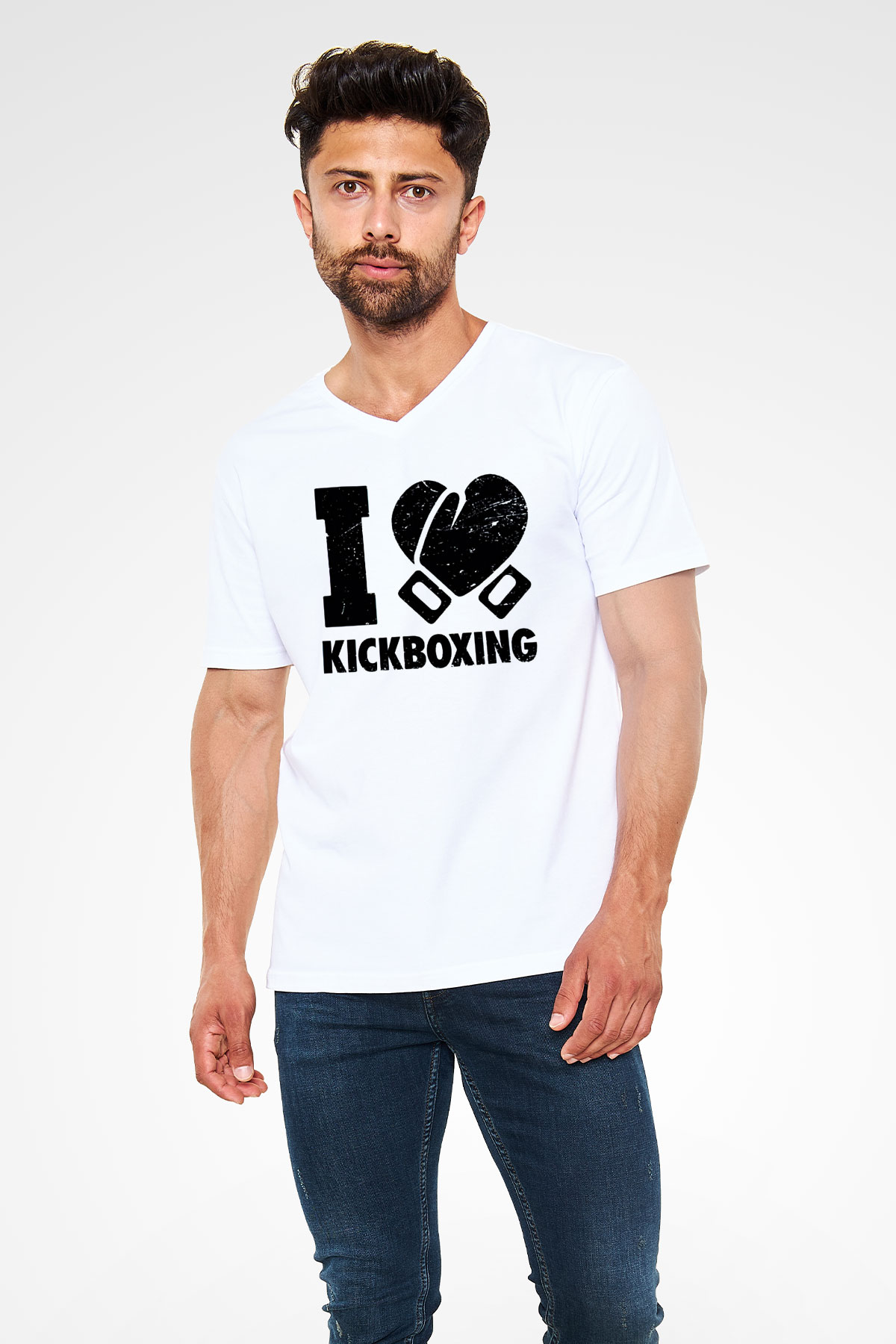 Kick boks Beyaz Unisex V Yaka Tişört T-Shirt