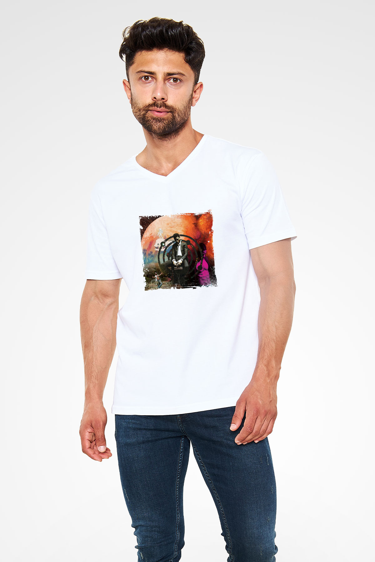 Kid Cudi Baskılı Beyaz V Yaka Unisex Tişört