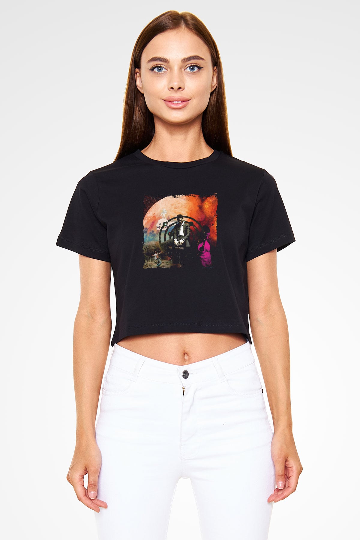 Kid Cudi Baskılı Crop Top Siyah Kadın Tişört