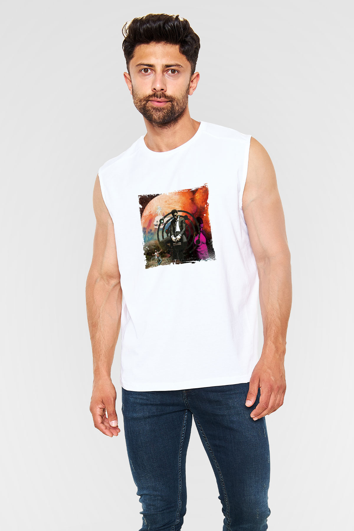 Kid Cudi Baskılı Unisex Beyaz Kolsuz Tişört