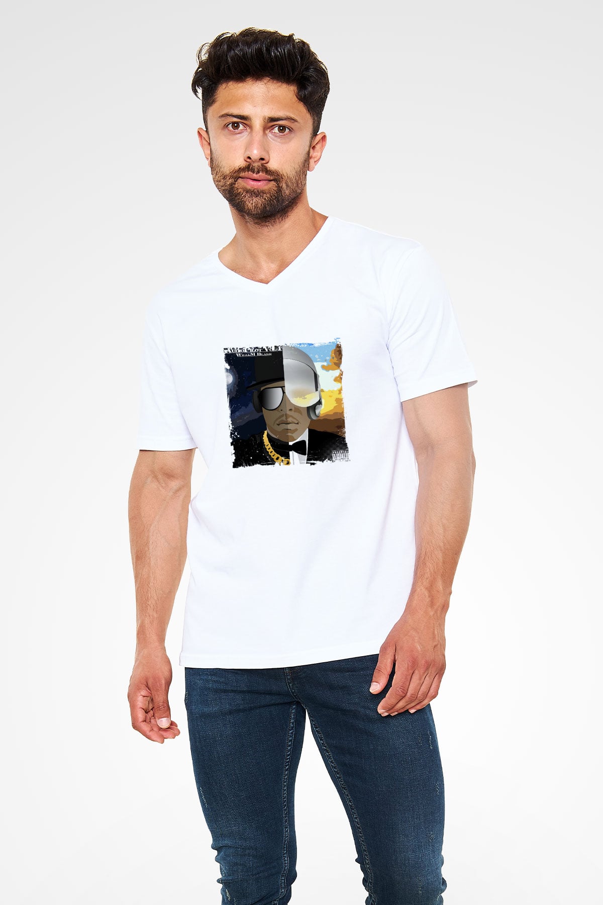 Kid 'n Play Baskılı Beyaz V Yaka Unisex Tişört
