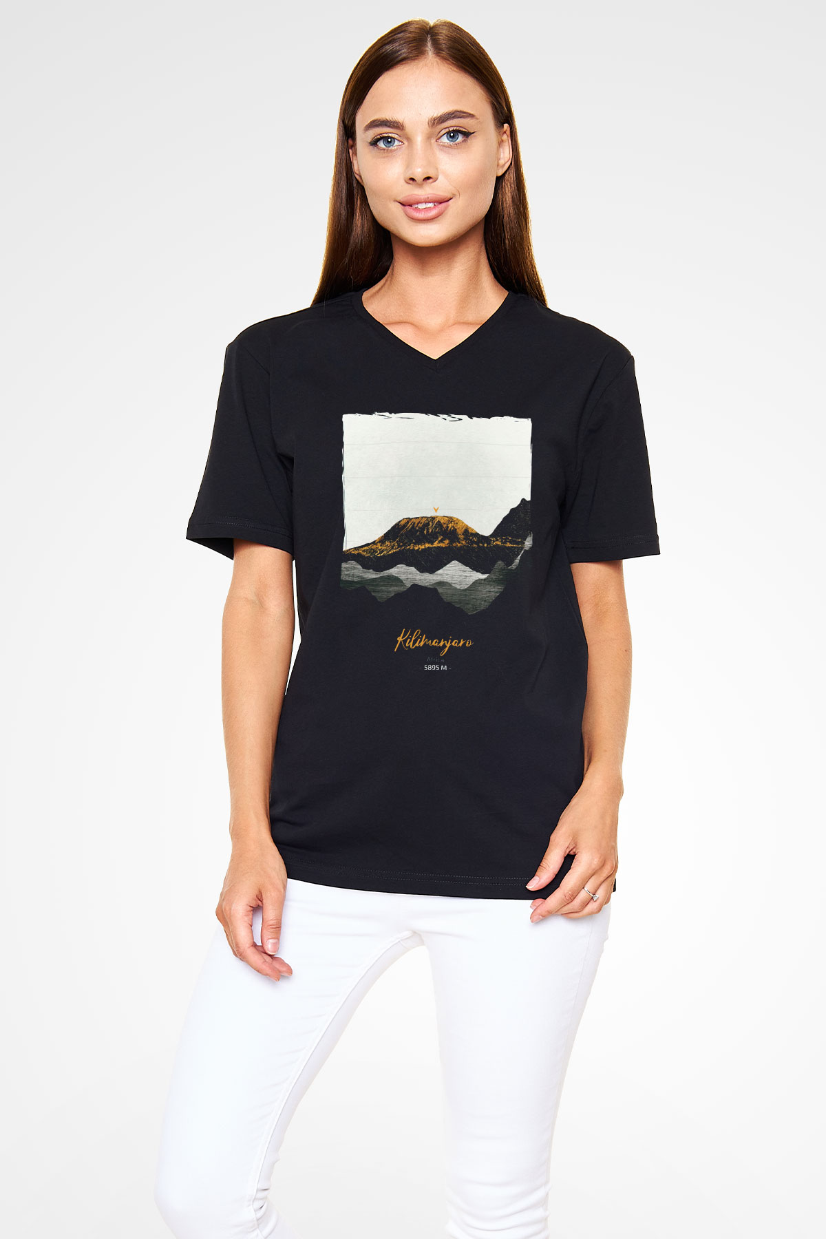 Kilimanjaro Siyah Unisex V Yaka Tişört