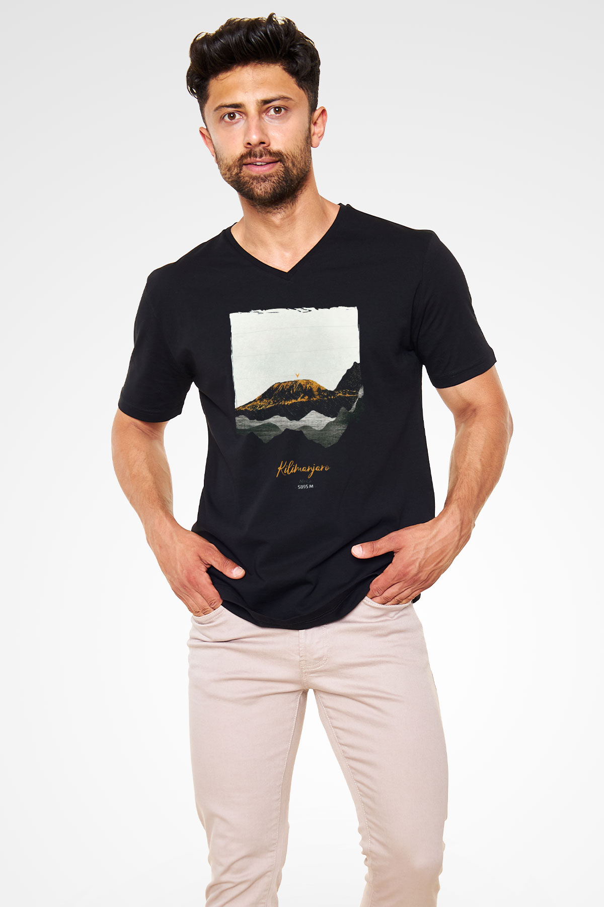 Kilimanjaro Siyah Unisex V Yaka Tişört