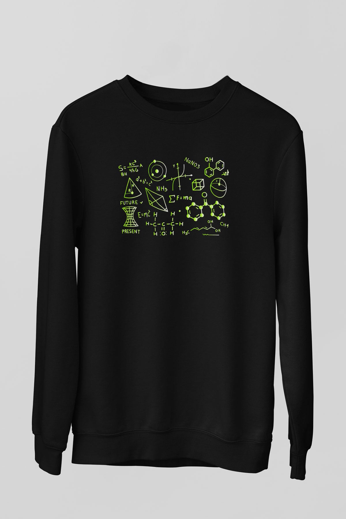 Kimya Atomlar Baskılı Unisex Siyah Sweatshirt