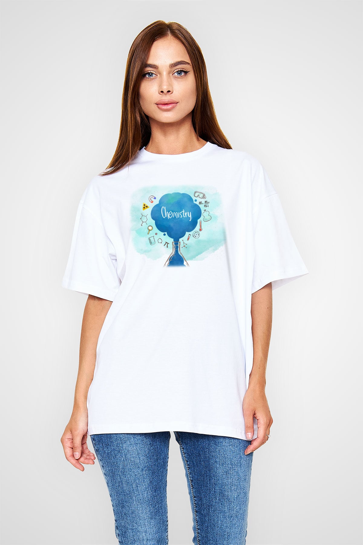 Kimya Formülleri Baskılı Unisex Beyaz Oversize Tişört