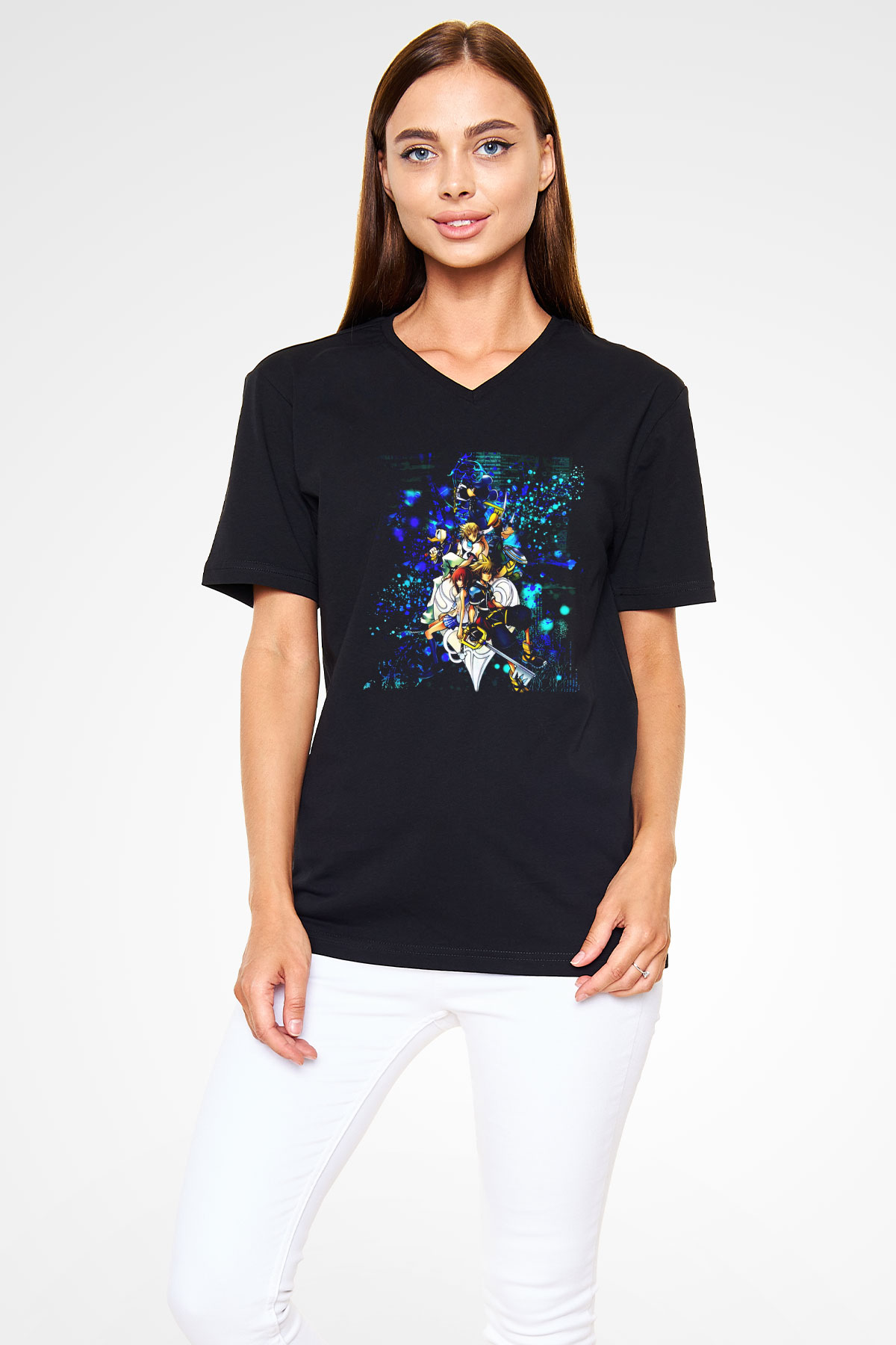 Kingdom Hearts Siyah Unisex V Yaka Tişört T-Shirt