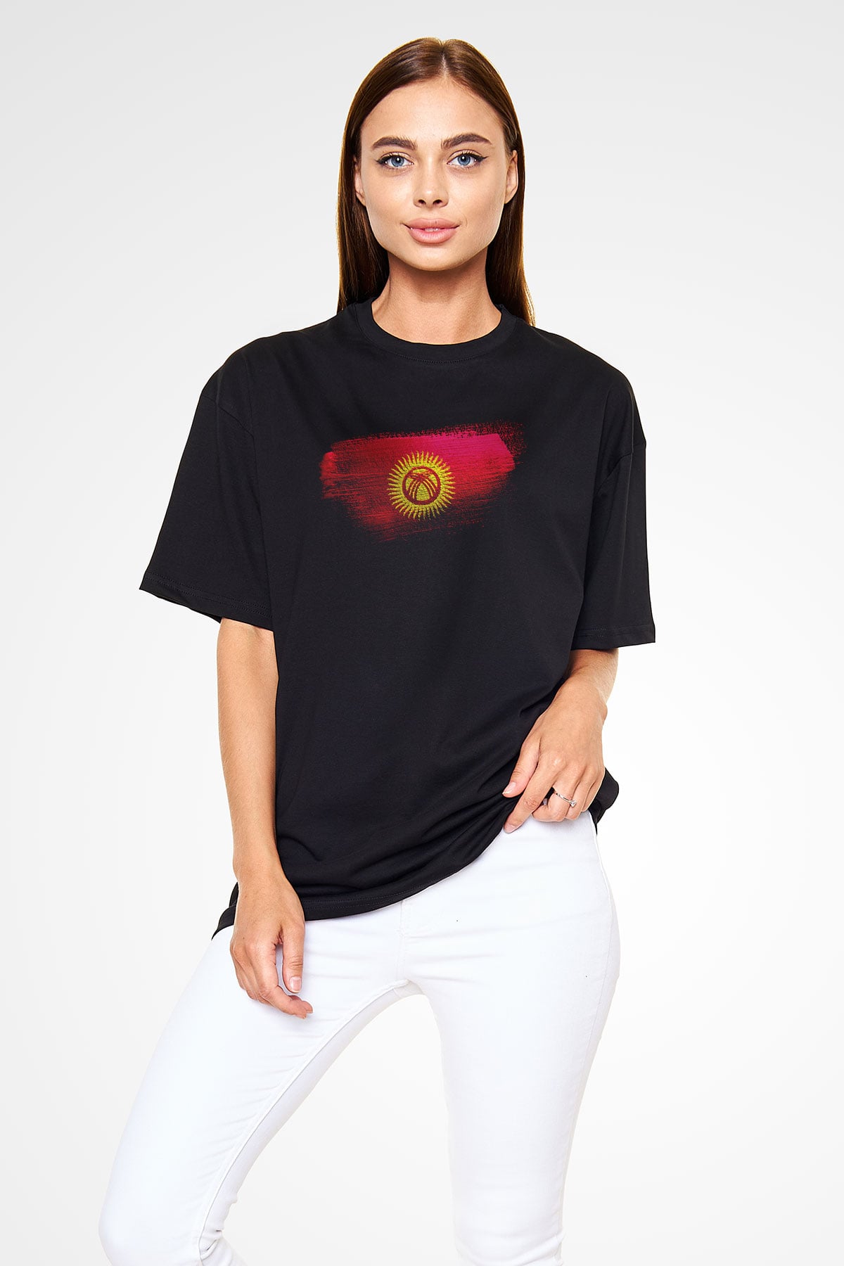 Kırgızistan - Kyrgyzstan Bayrağı Baskılı Unisex Siyah Oversize Tişört