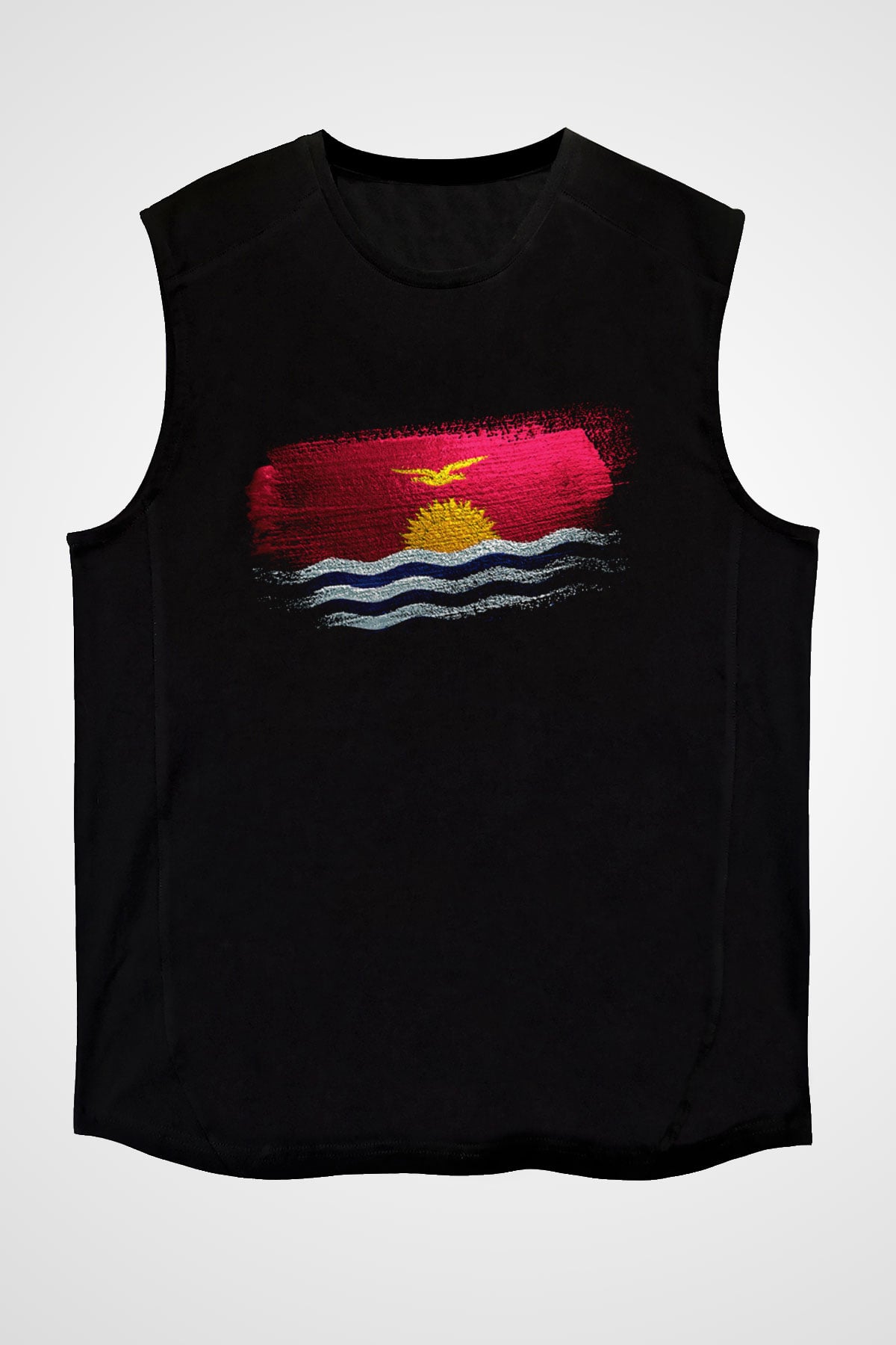 Kiribati Bayrağı Baskılı Unisex Siyah Kolsuz Tişört