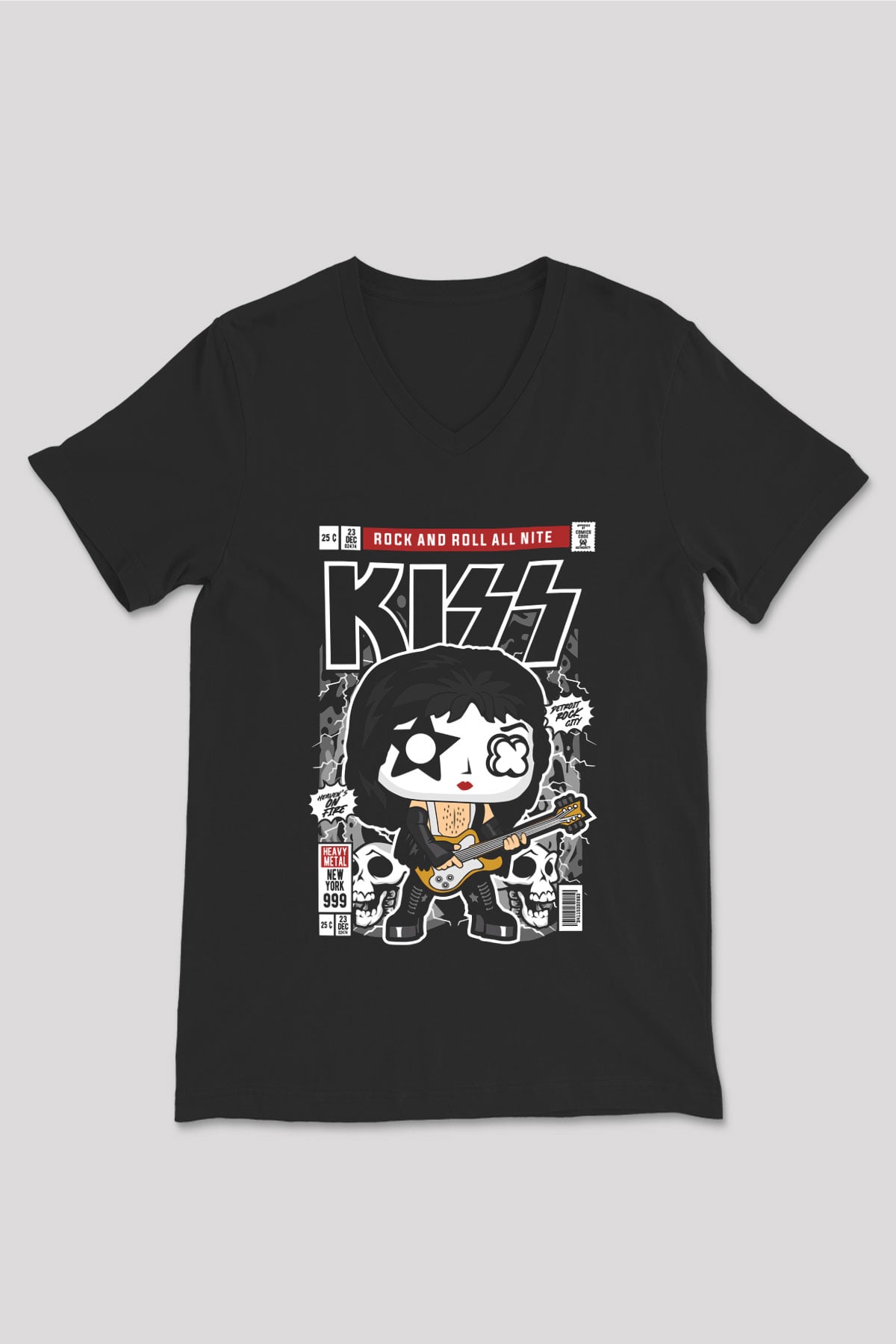 Kiss Baskılı Unisex Siyah V Yaka Tişört