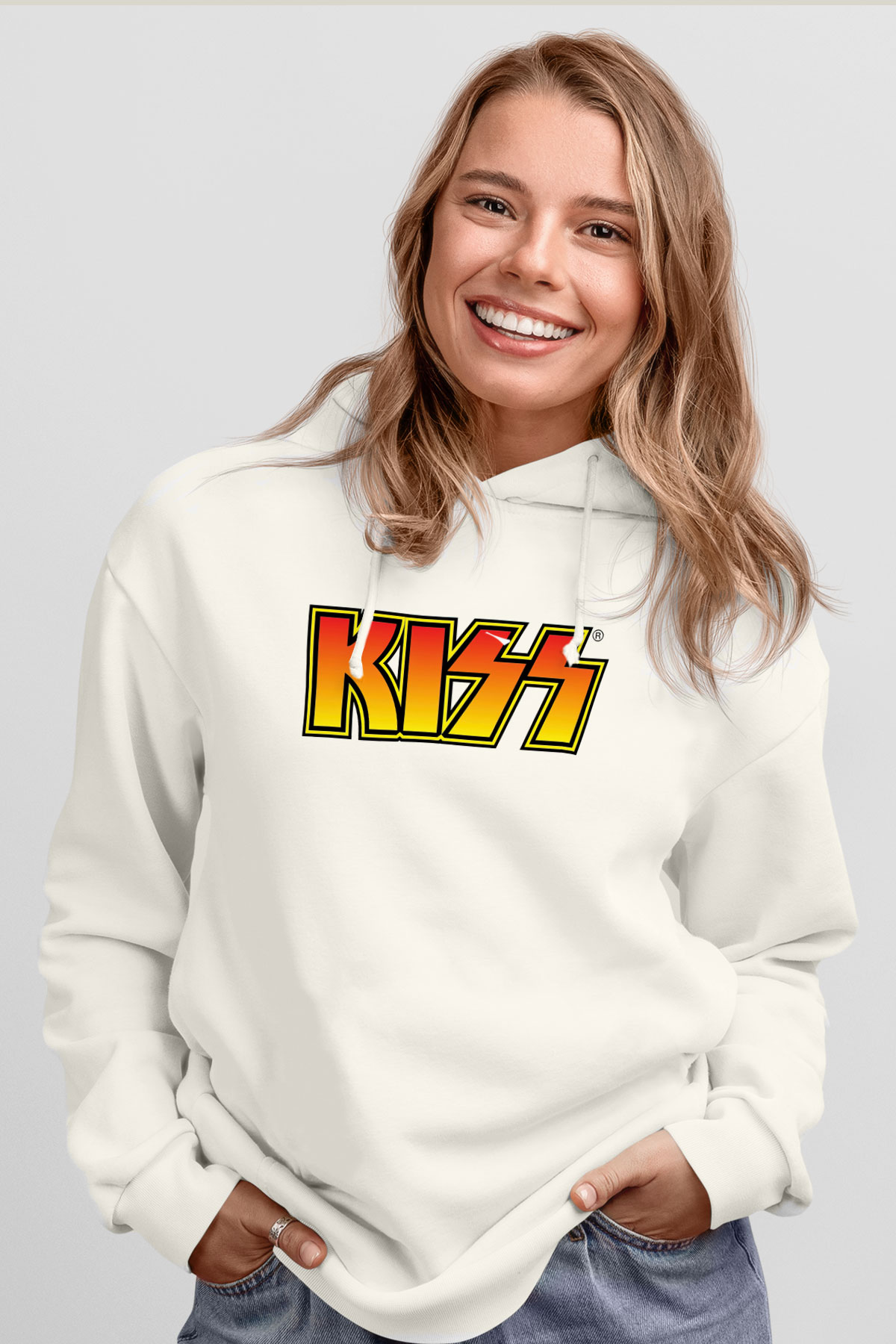 Kiss Beyaz Unisex Kapşonlu Sweatshirt
