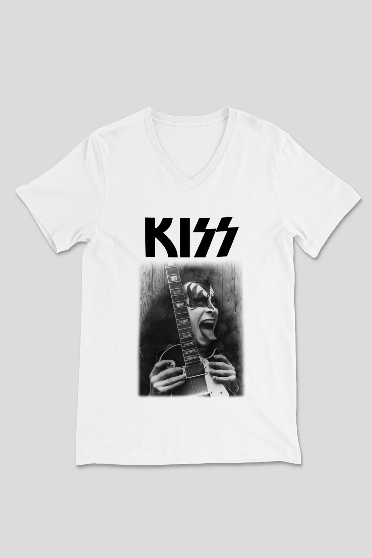 Kiss Beyaz Unisex V Yaka Tişört T-Shirt