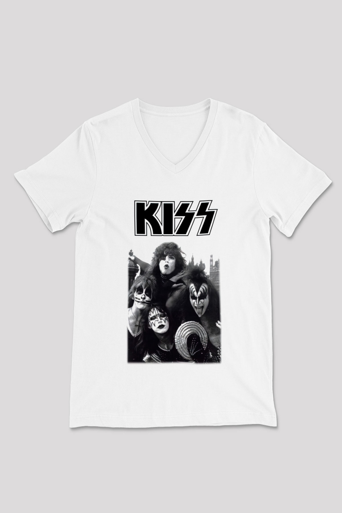Kiss Beyaz Unisex V Yaka Tişört T-Shirt