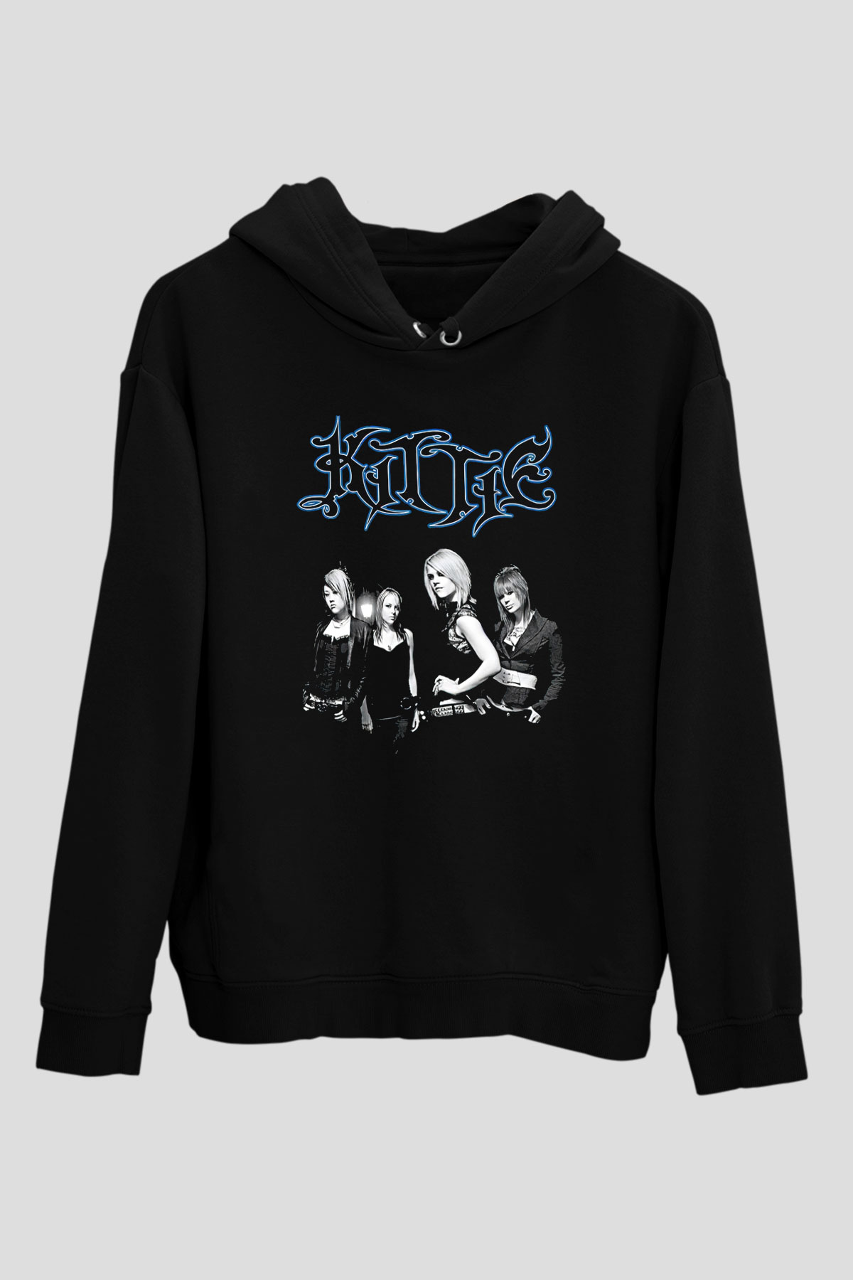Kittie Baskılı Unisex Siyah Kapüşonlu Sweatshirt