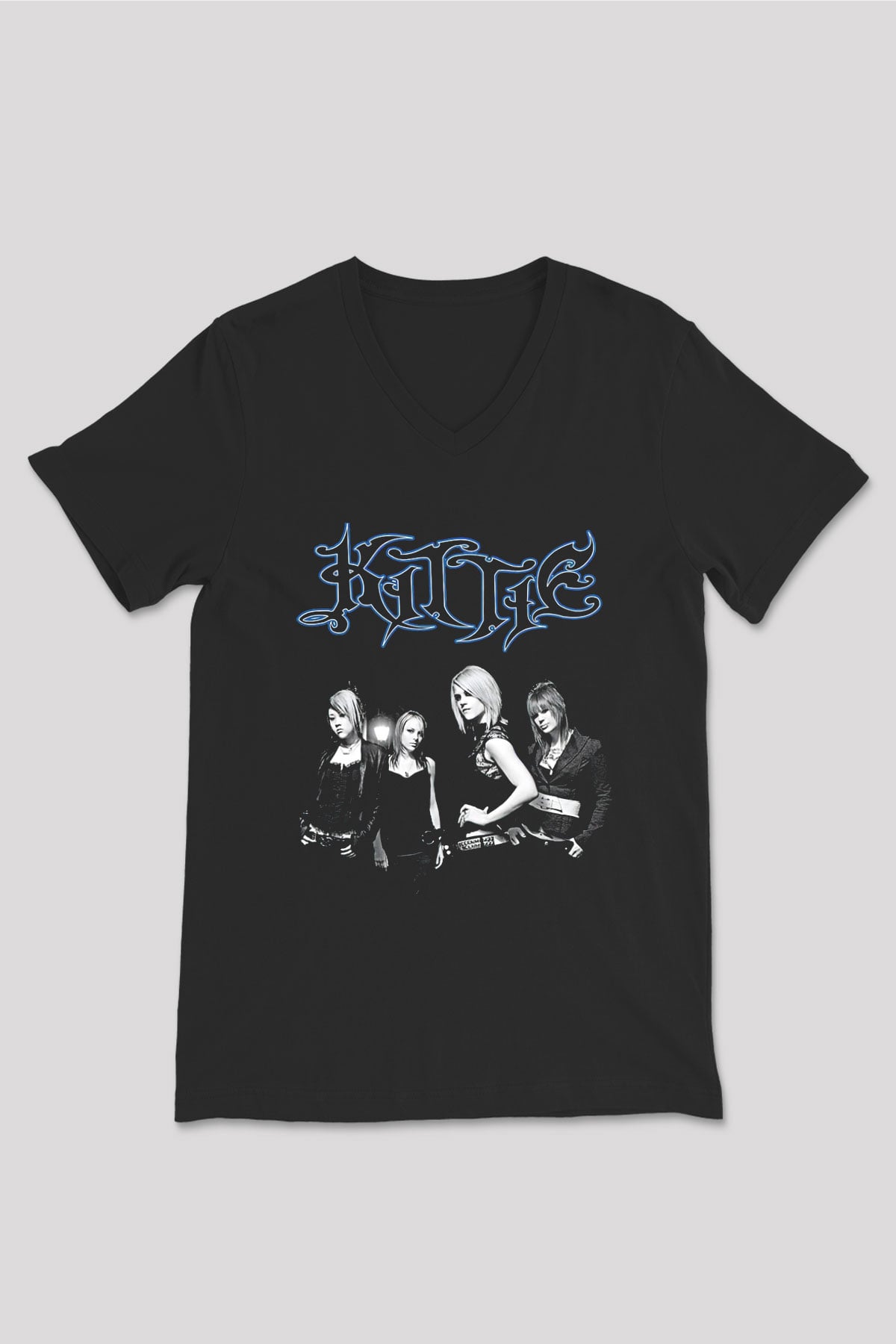 Kittie Baskılı Unisex Siyah V Yaka Tişört - Tshirt