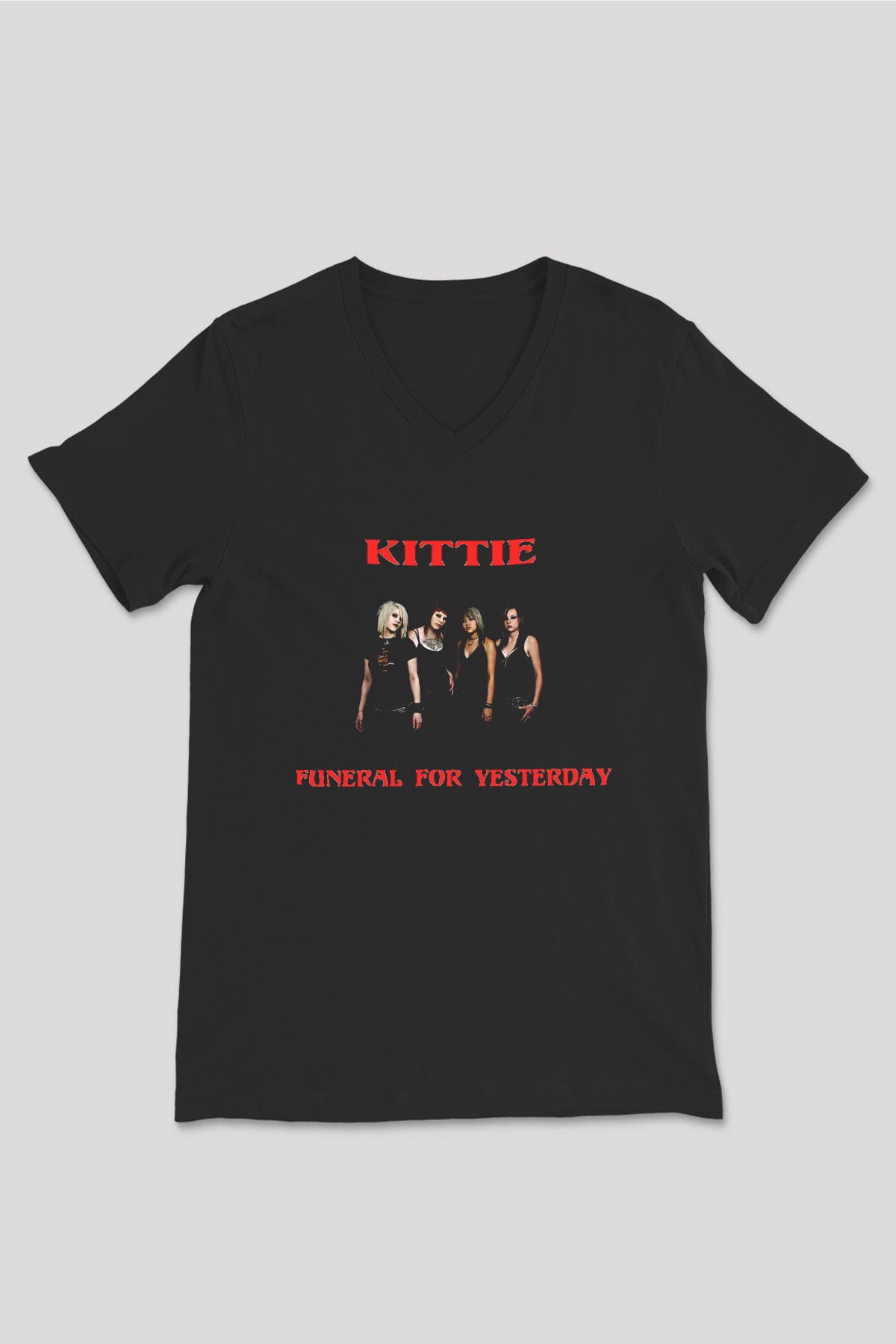 Kittie Baskılı Unisex Siyah V Yaka Tişört - Tshirt