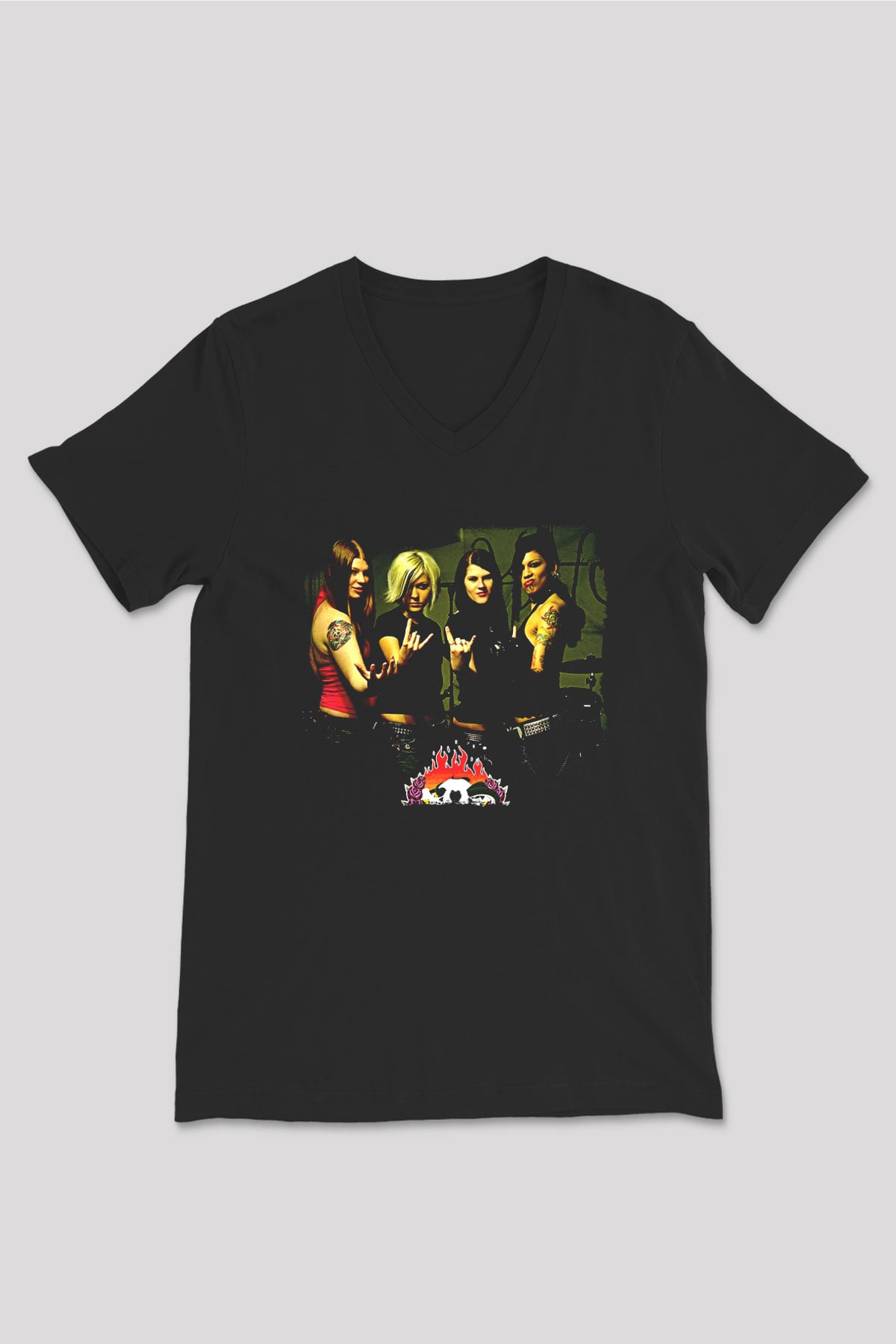 Kittie Baskılı Unisex Siyah V Yaka Tişört - Tshirt