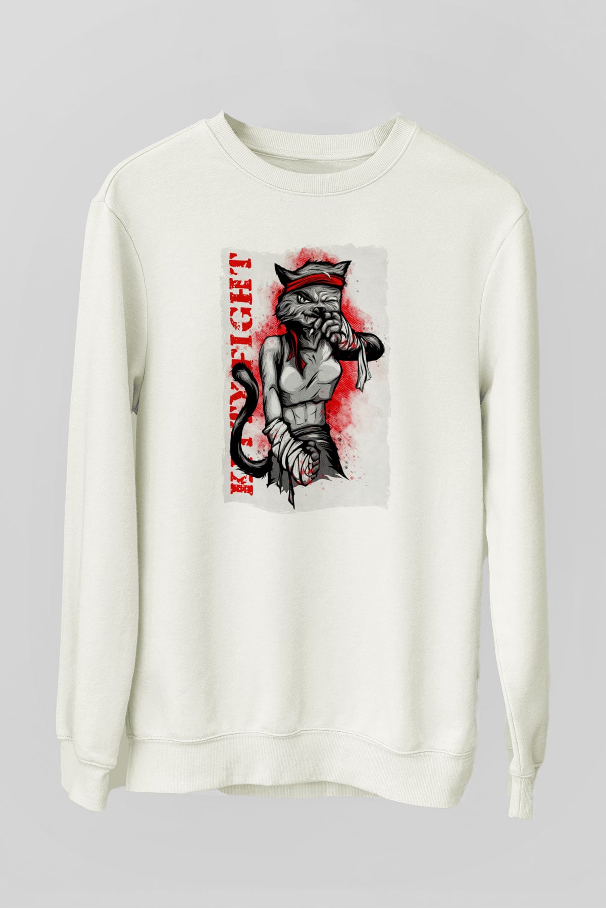 Kitty Fight Baskılı Unisex Beyaz  Sweatshirt