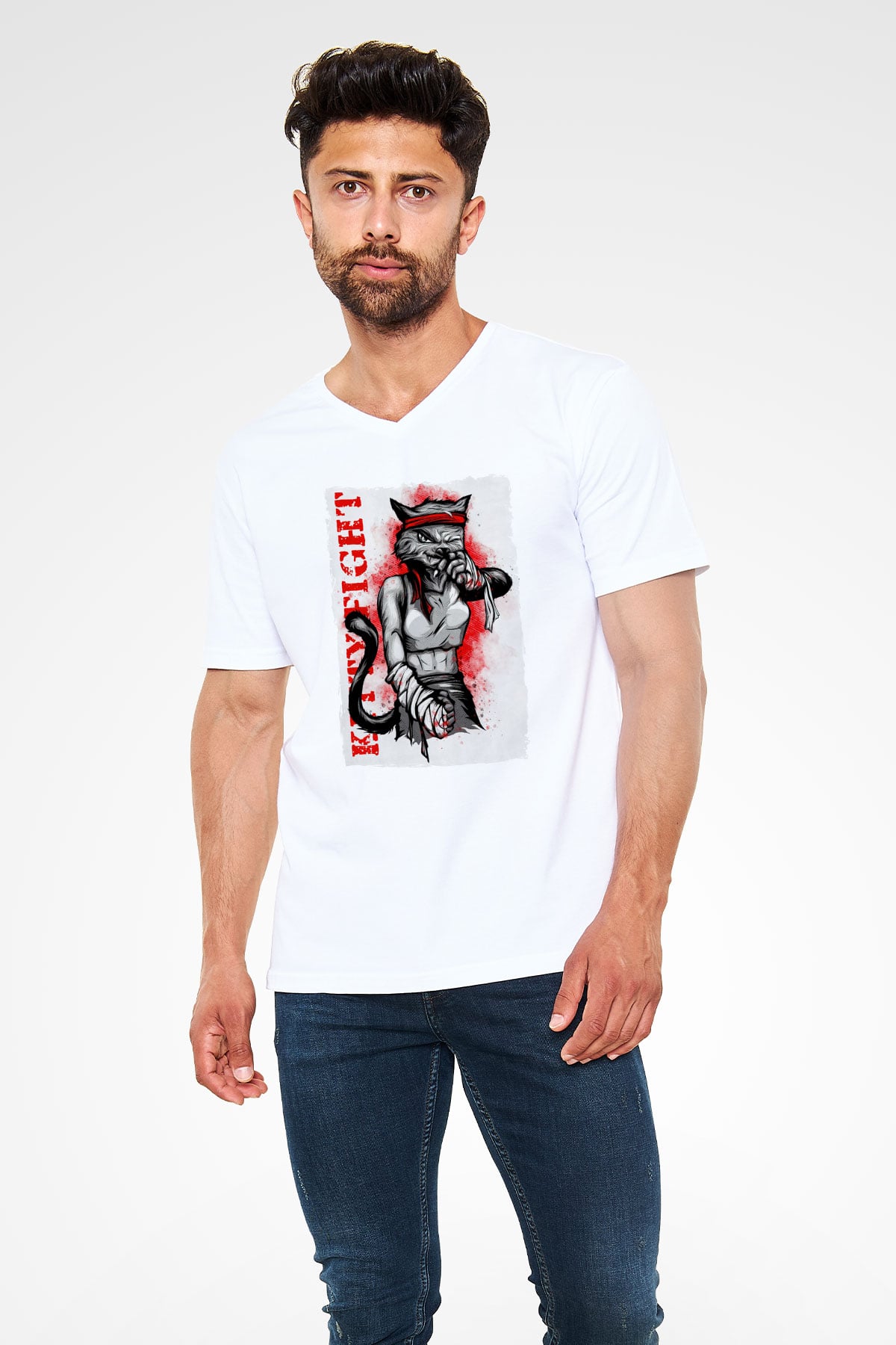 Kitty Fight Baskılı Unisex Beyaz  V Yaka Tişört