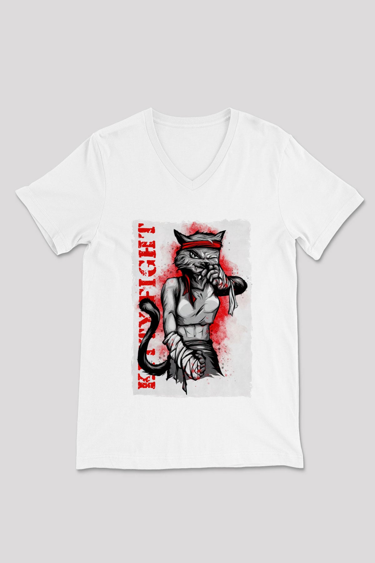 Kitty Fight Baskılı Unisex Beyaz  V Yaka Tişört