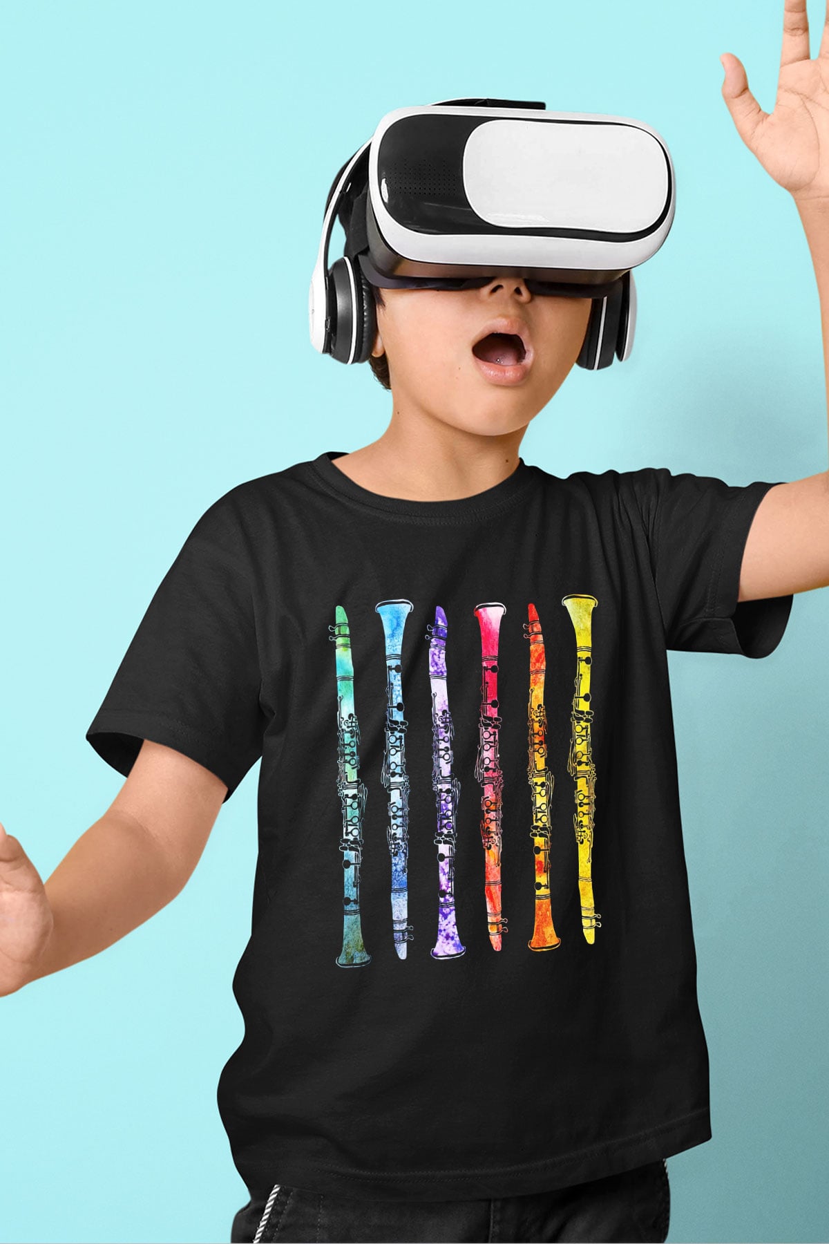 Klarnetçi Baskılı Siyah Unisex Çocuk Tişört