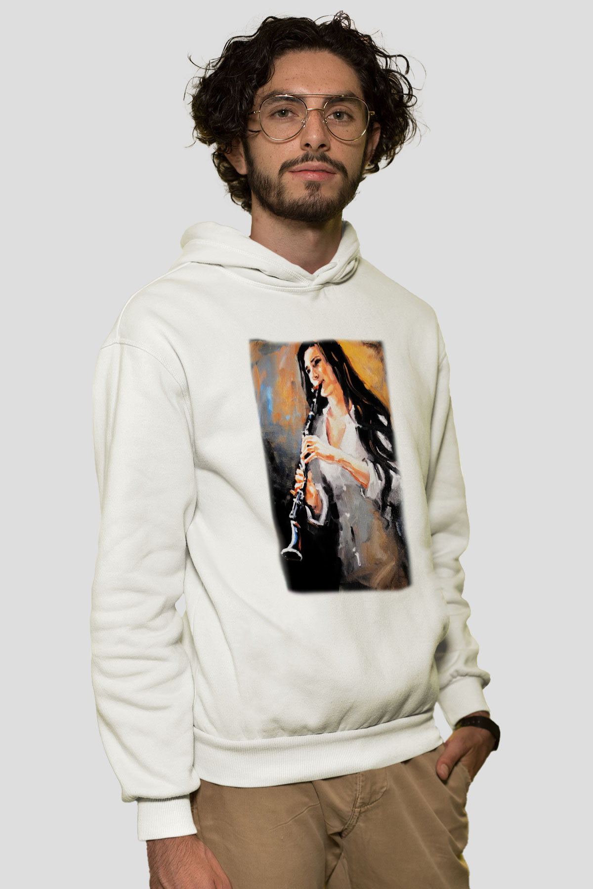 Klarnetçi Beyaz Unisex Hoodie