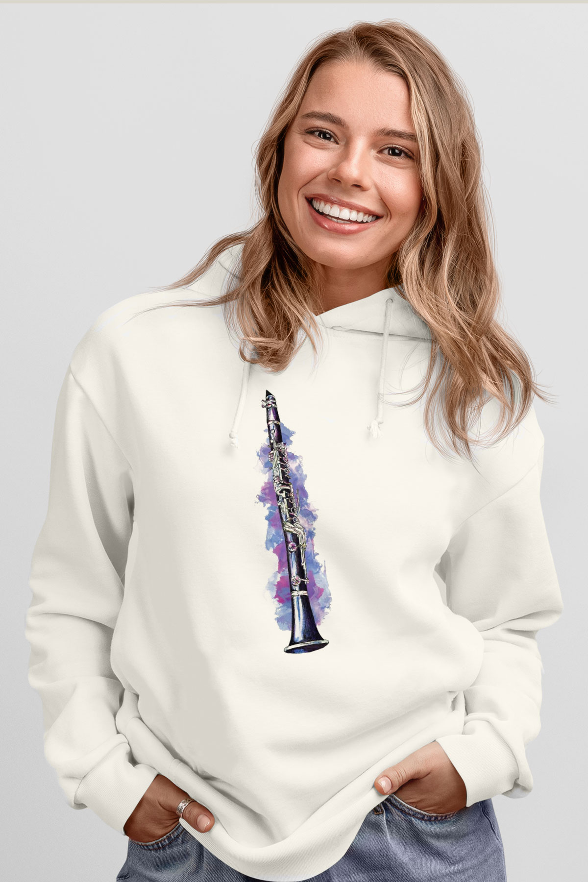 Klarnetçi Beyaz Unisex Hoodie
