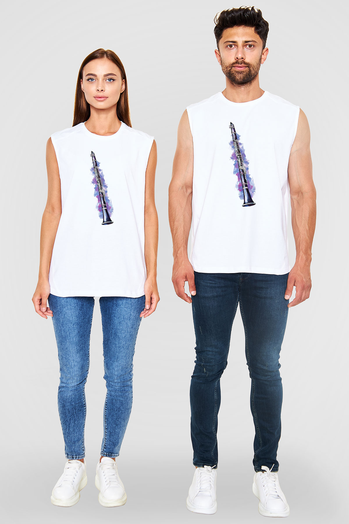 Klarnetçi Beyaz Unisex Kolsuz Tişört