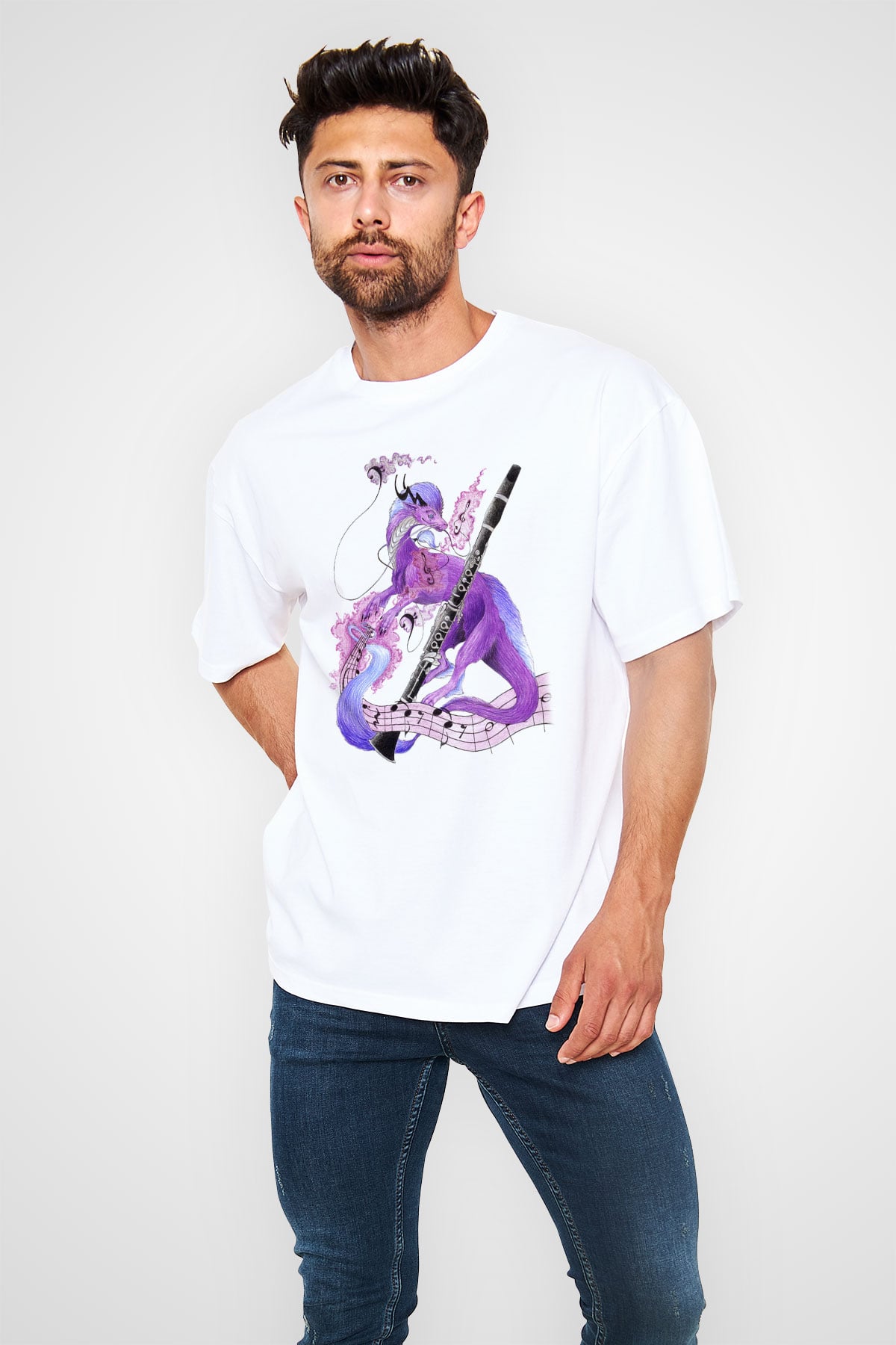 Klarnetçi Beyaz Unisex Oversize Tişört T-Shirt