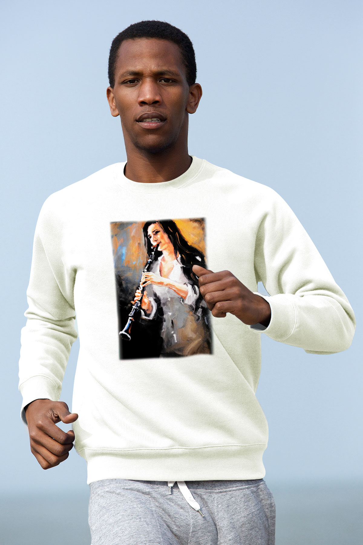 Klarnetçi Beyaz Unisex Sweatshirt