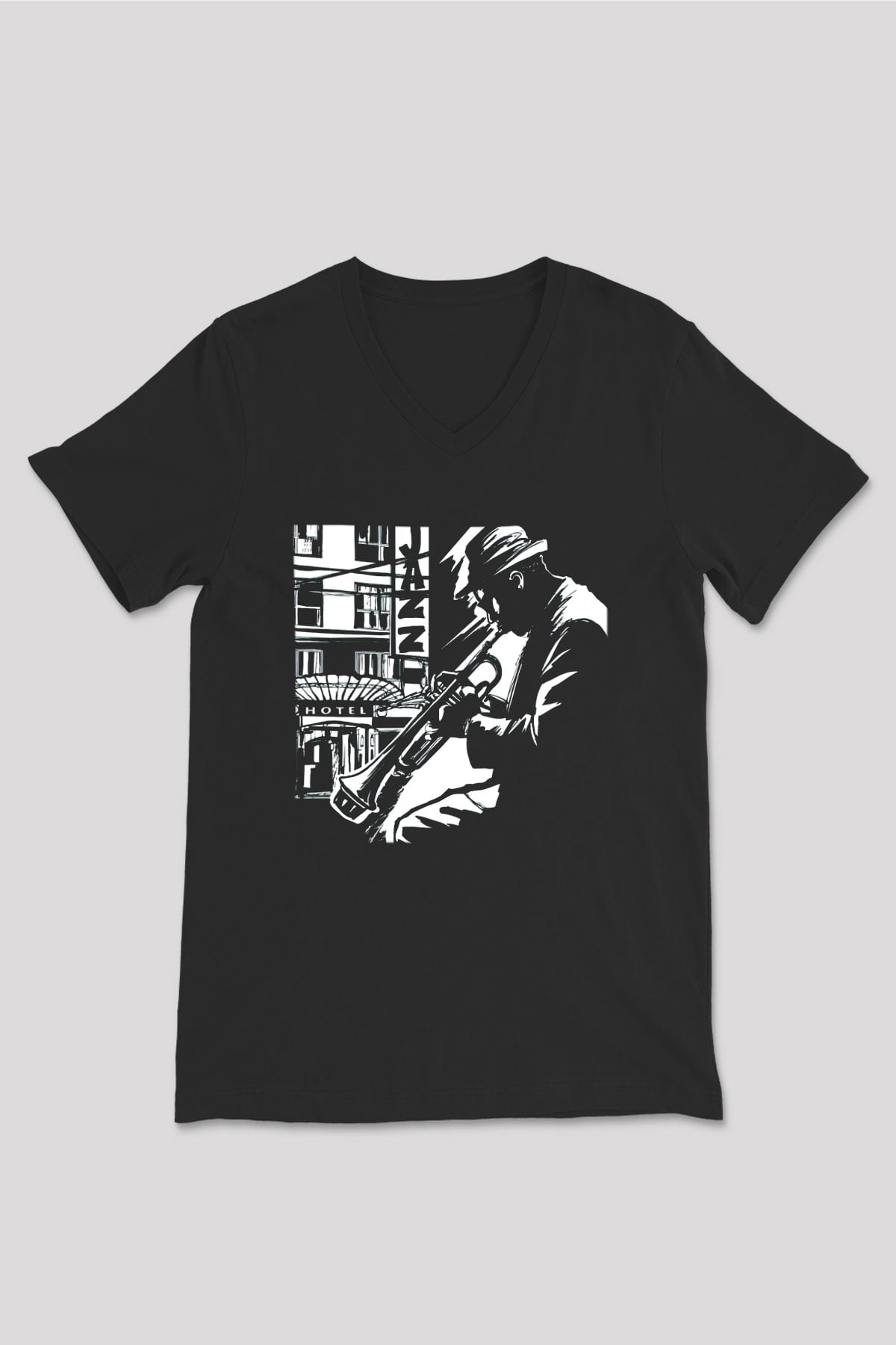 Klarnetçi Siyah Unisex V Yaka Tişört T-Shirt