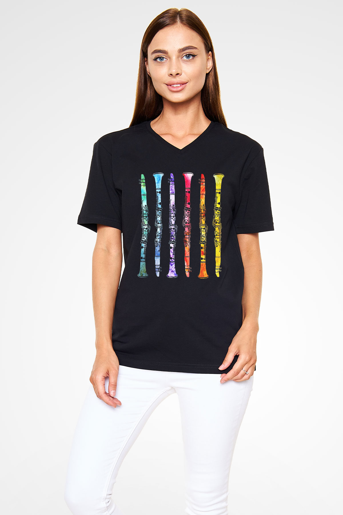 Klarnetçi Siyah Unisex V Yaka Tişört T-Shirt