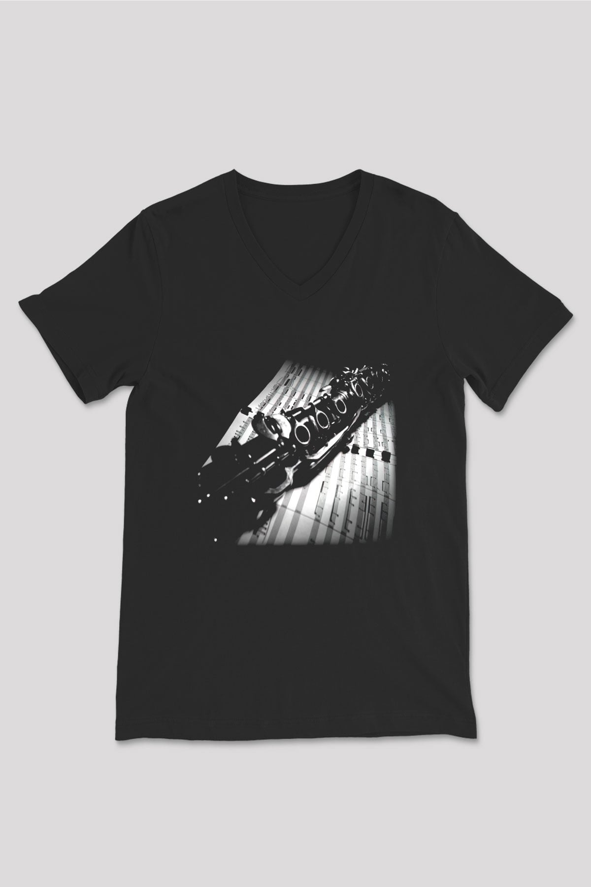 Klarnetçi Siyah Unisex V Yaka Tişört T-Shirt