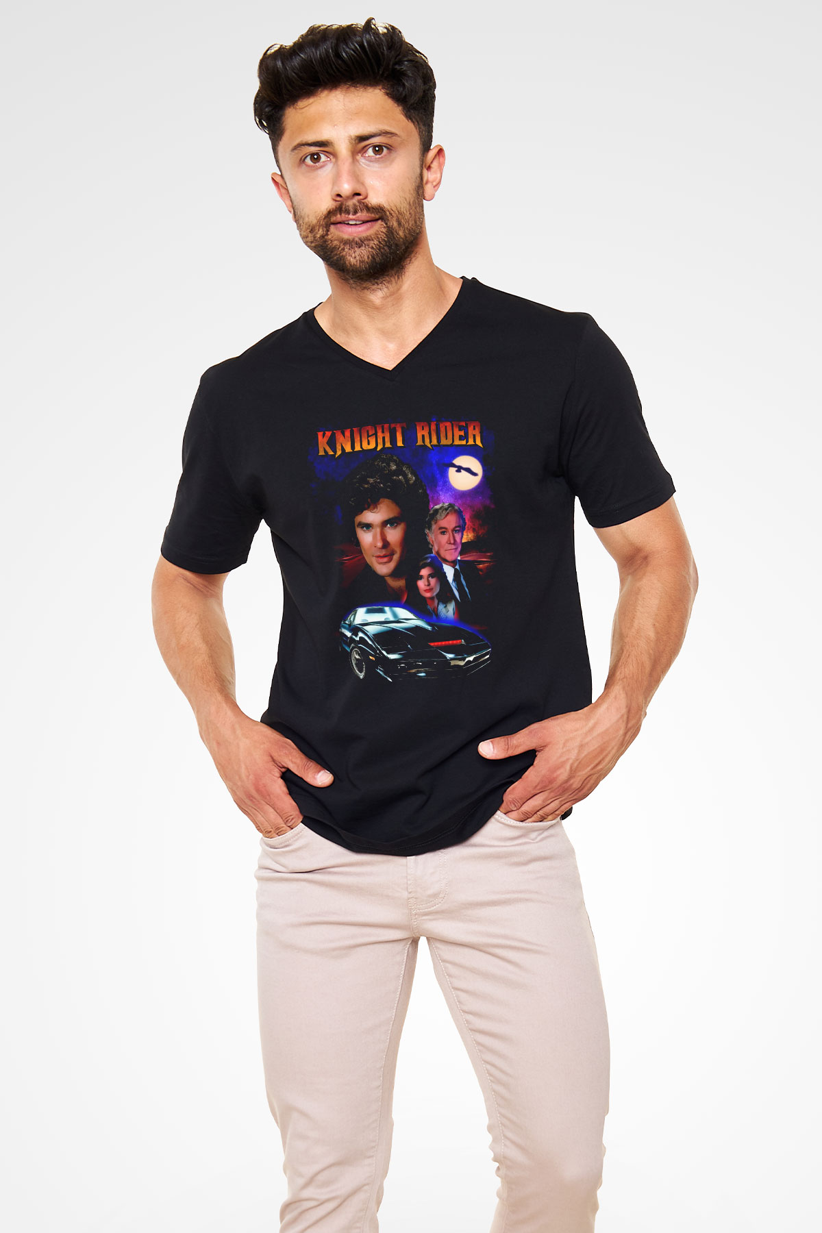 Knight Rider Siyah Unisex  V Yaka Tişört