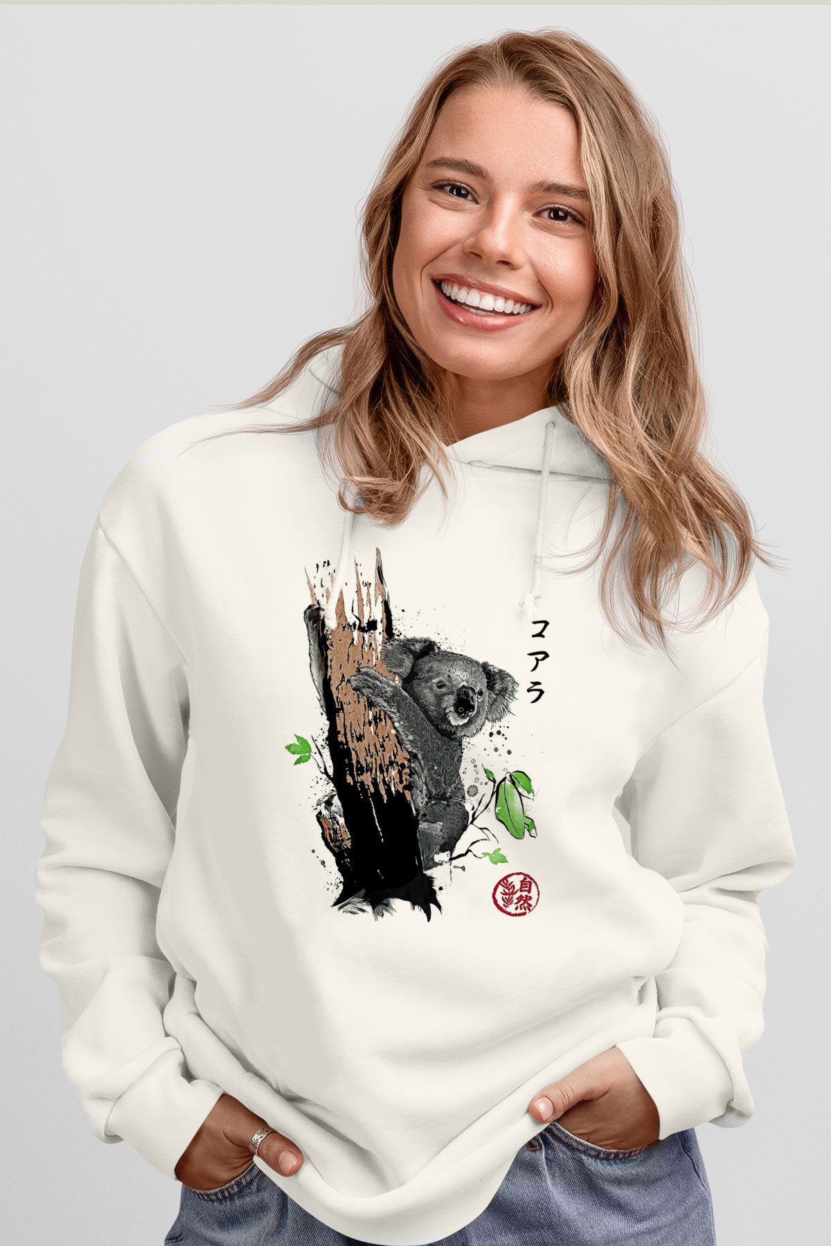 Koala Baskılı Beyaz Unisex Hoodie