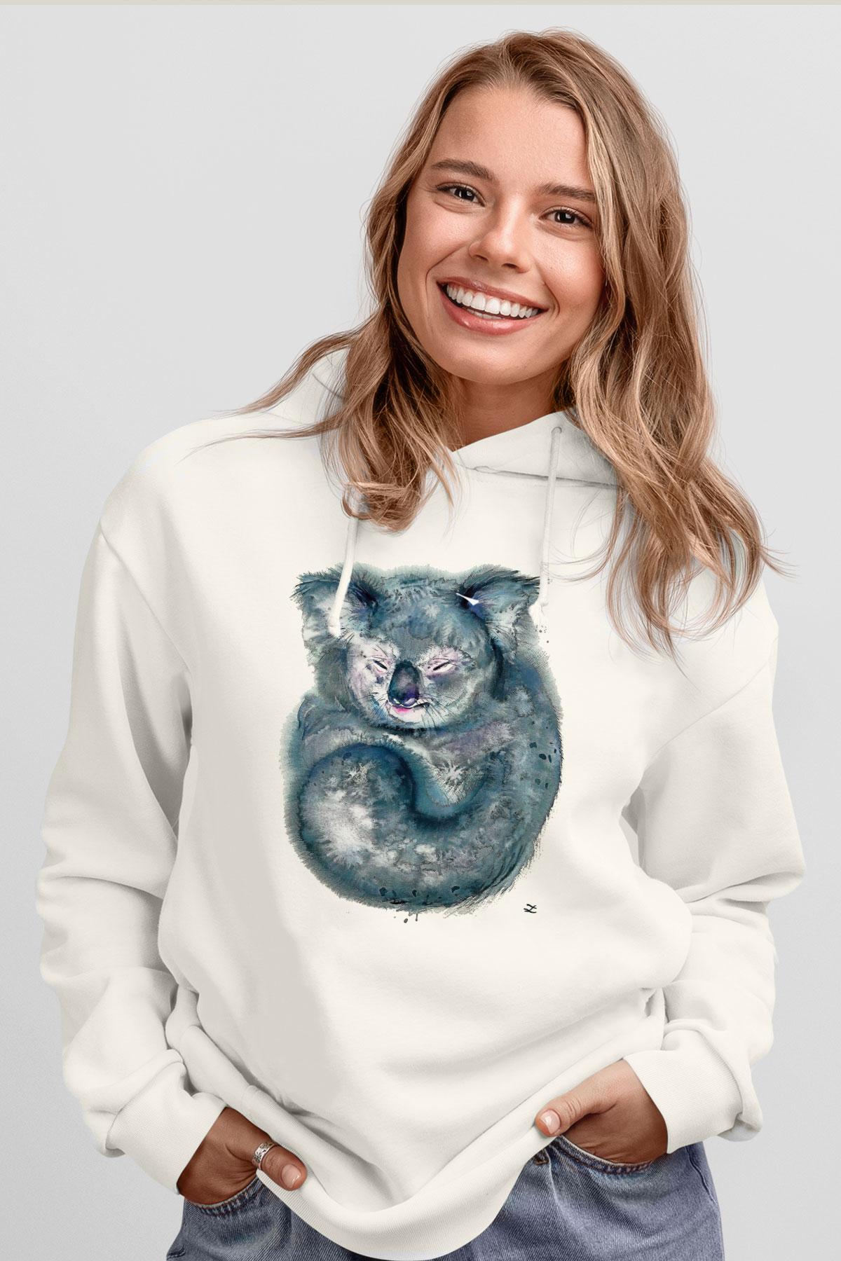 Koala Baskılı Beyaz Unisex Hoodie