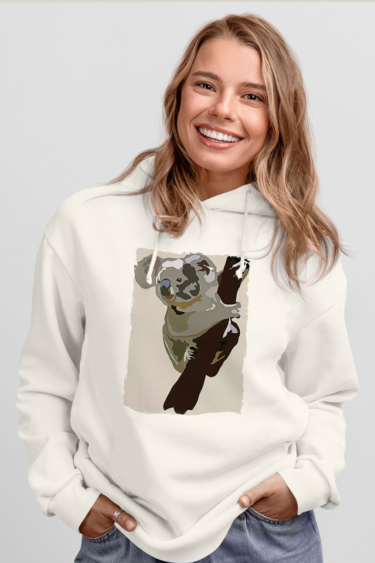 Koala Baskılı Beyaz Unisex Hoodie