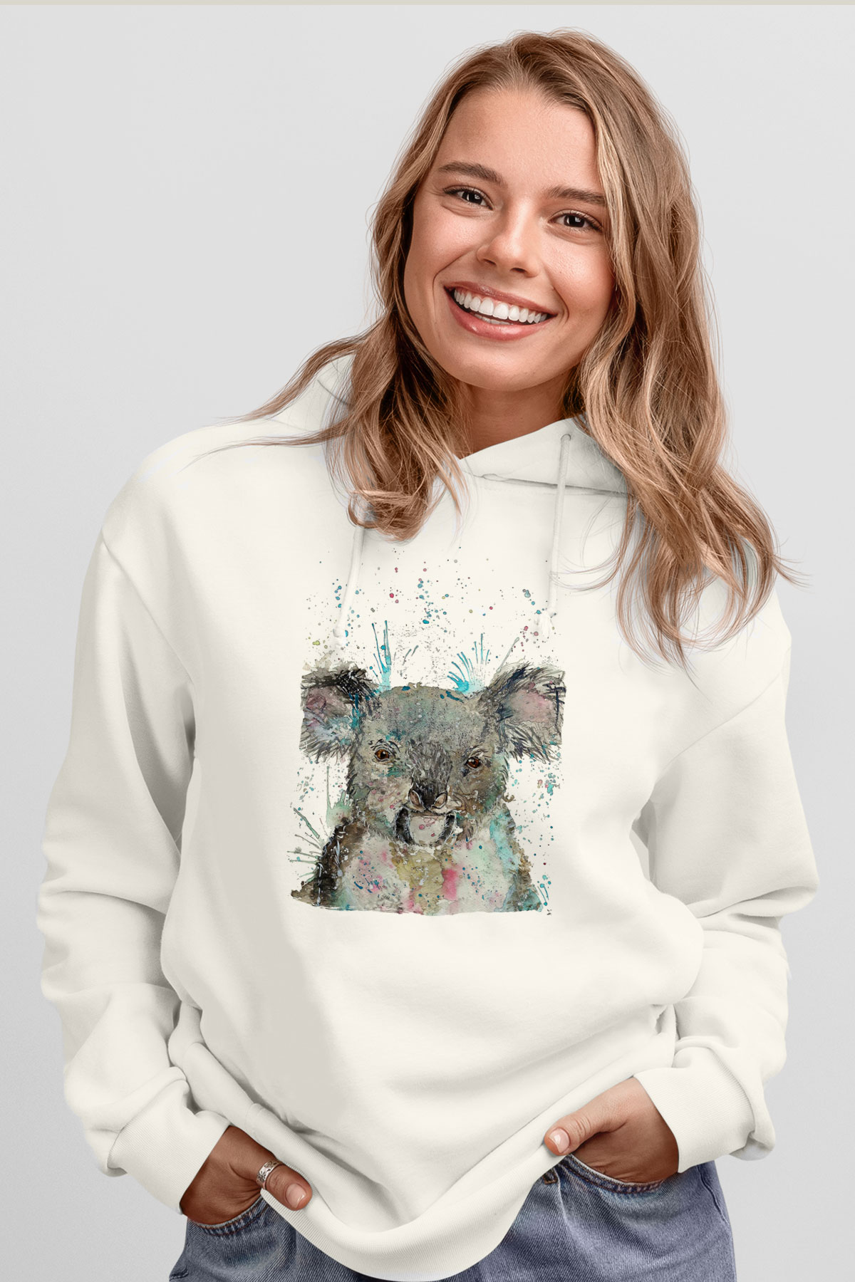 Koala Baskılı Beyaz Unisex Hoodie