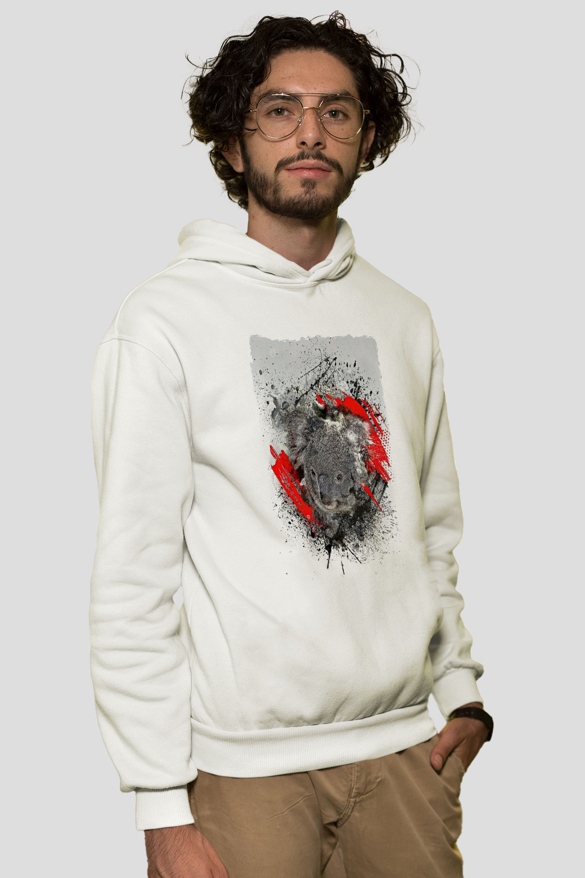 Koala Baskılı Beyaz Unisex Hoodie