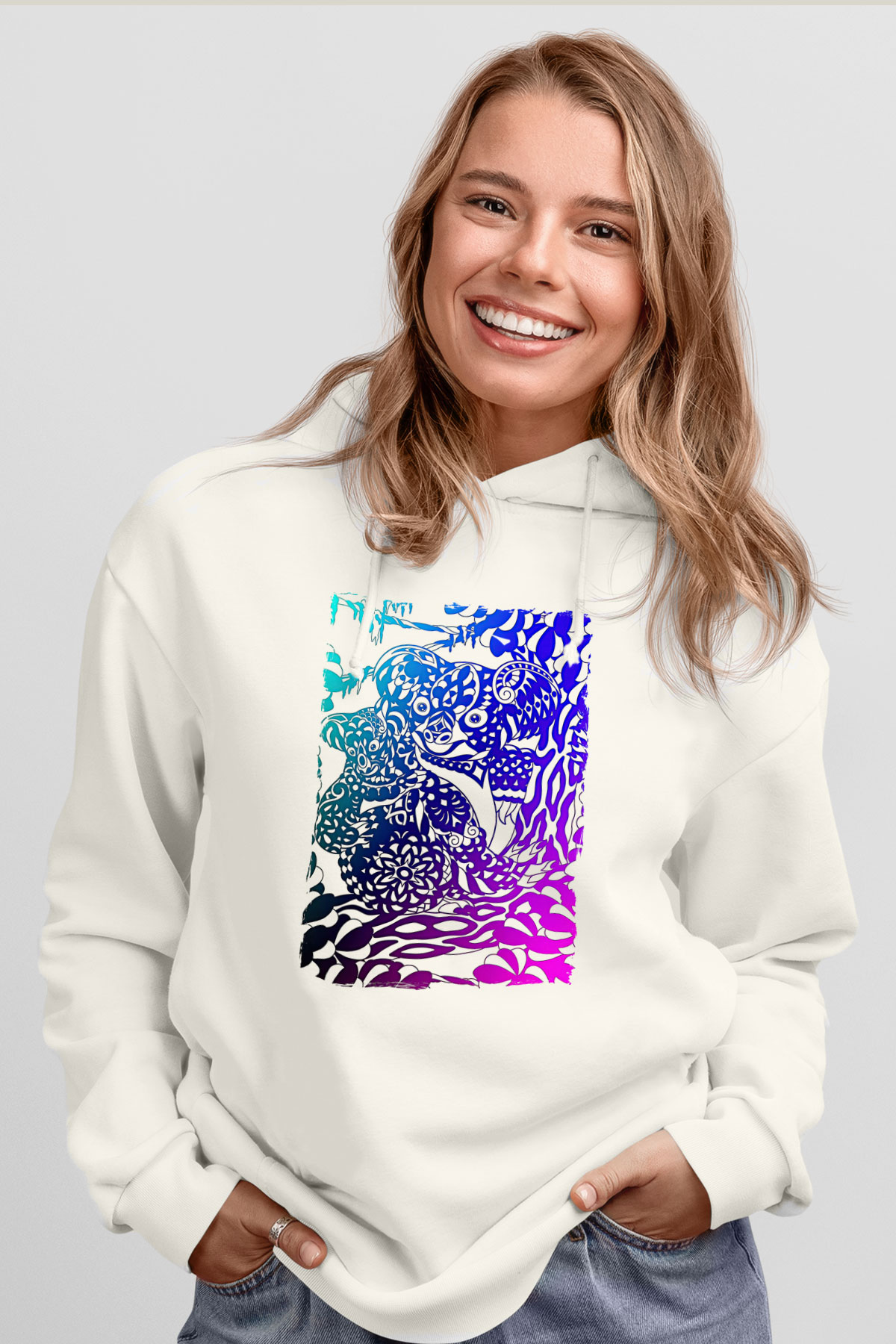Koala Baskılı Beyaz Unisex Hoodie