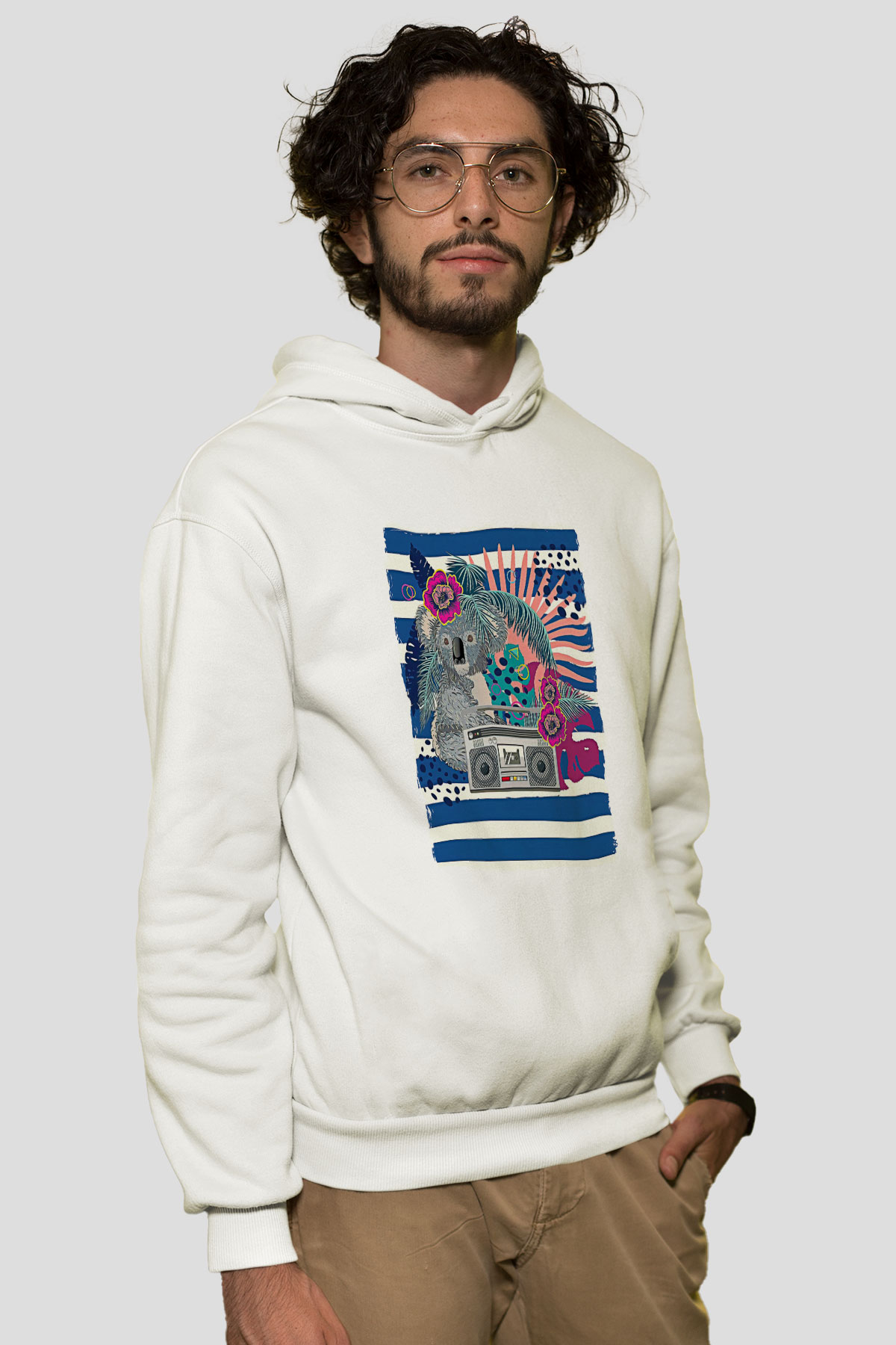 Koala Baskılı Beyaz Unisex Hoodie