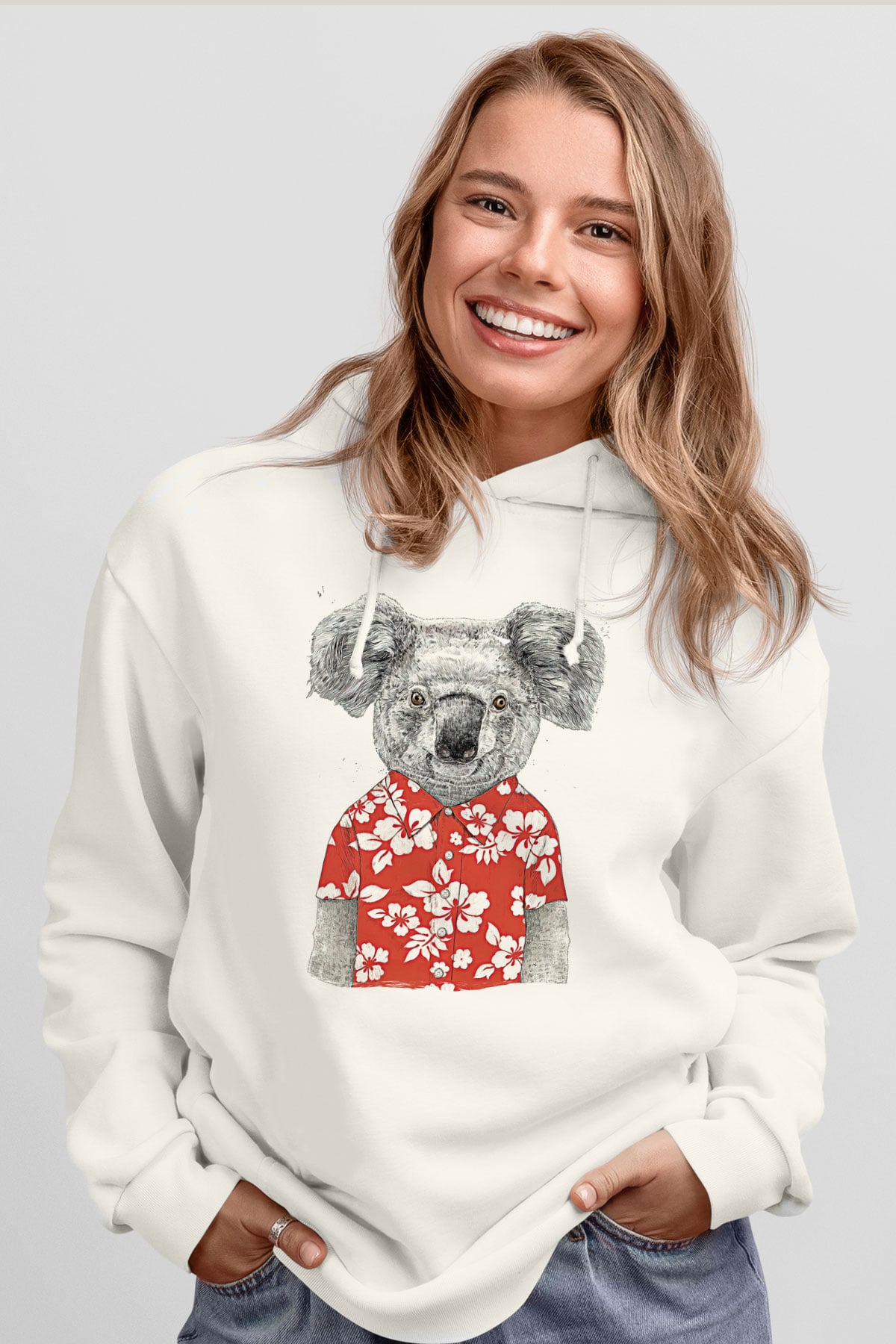 Koala Baskılı Beyaz Unisex Hoodie