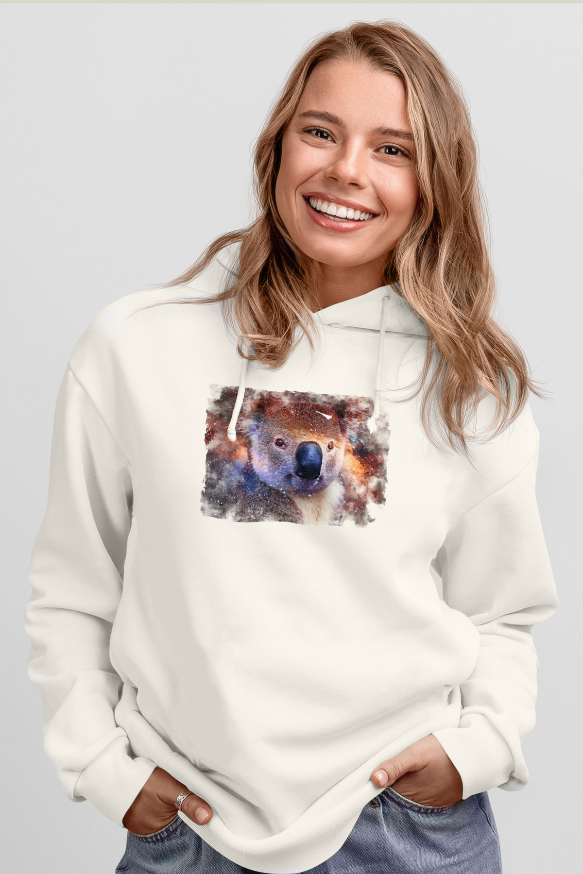Koala Baskılı Beyaz Unisex Hoodie